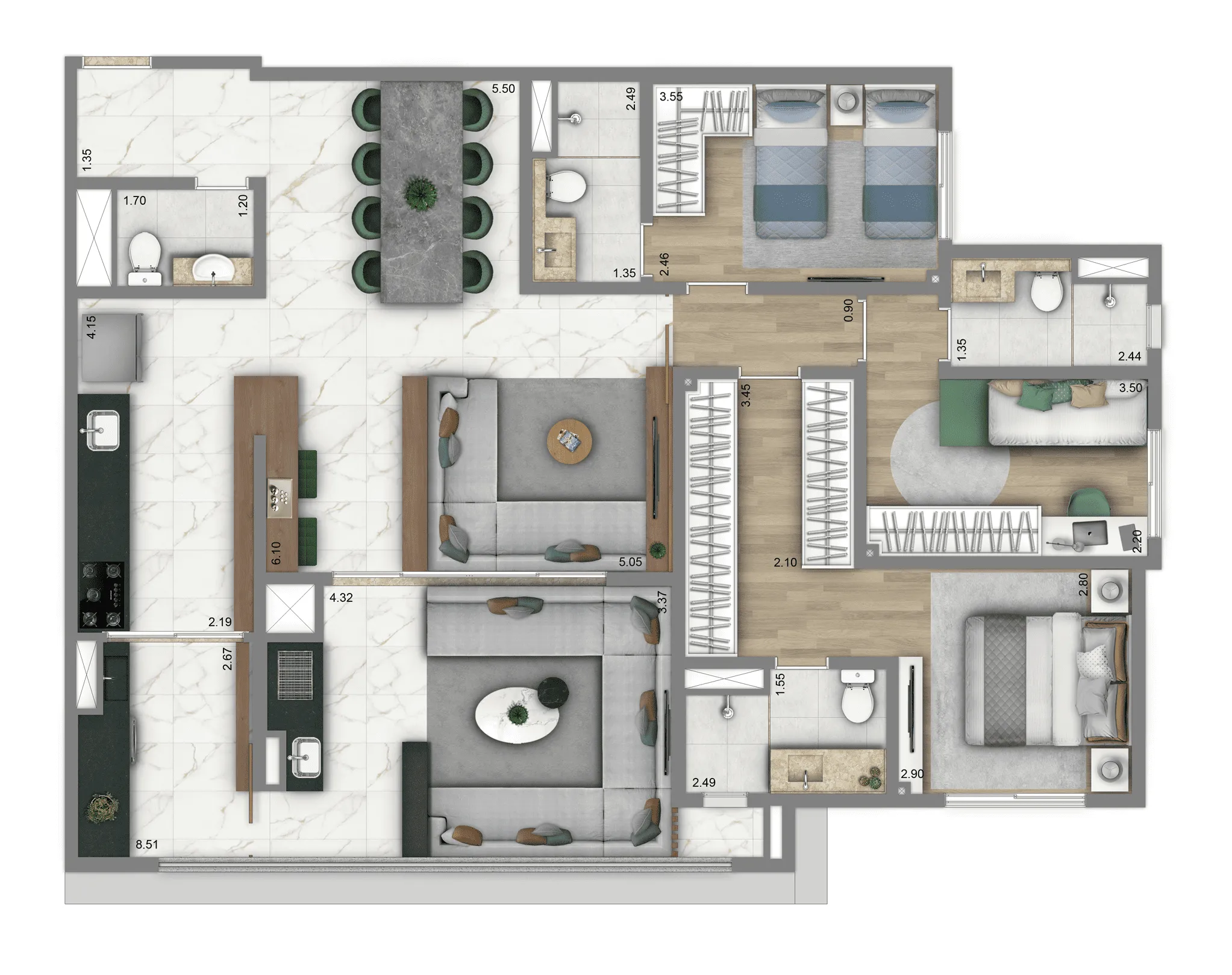 Planta-tipo 122 m² | 3 dorms (3 suítes)