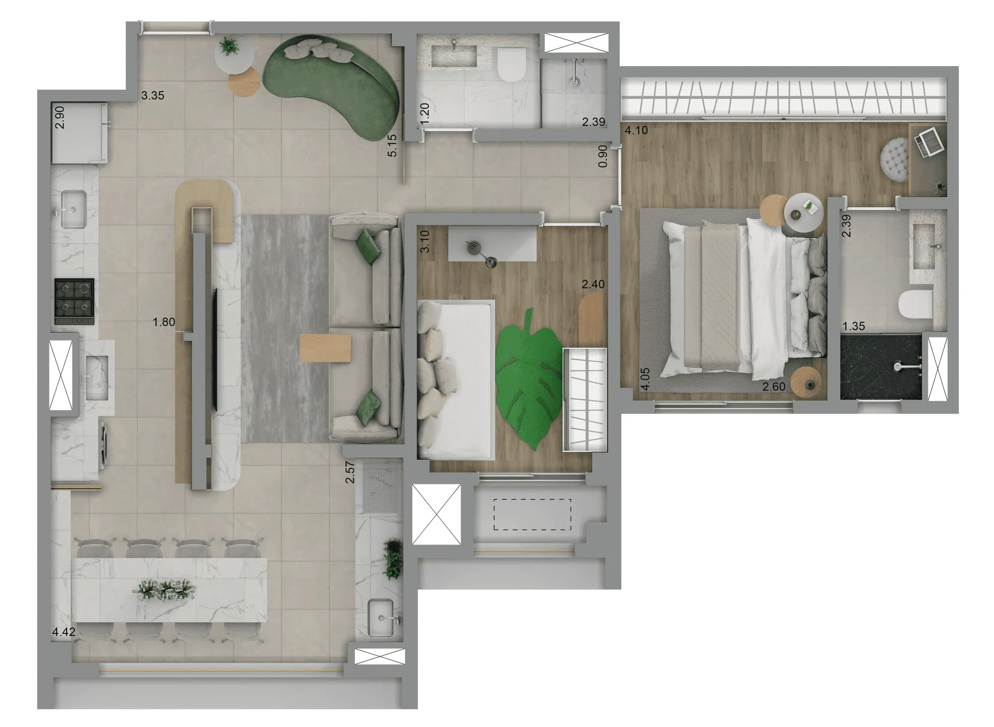 Planta-tipo 72 m² | 2 dorms. (1 suíte)