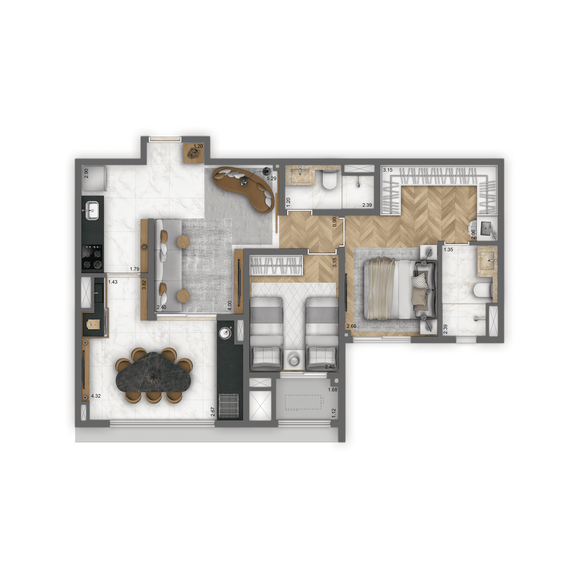 Planta-tipo 71 m² | 2 dorms. (1 suíte)