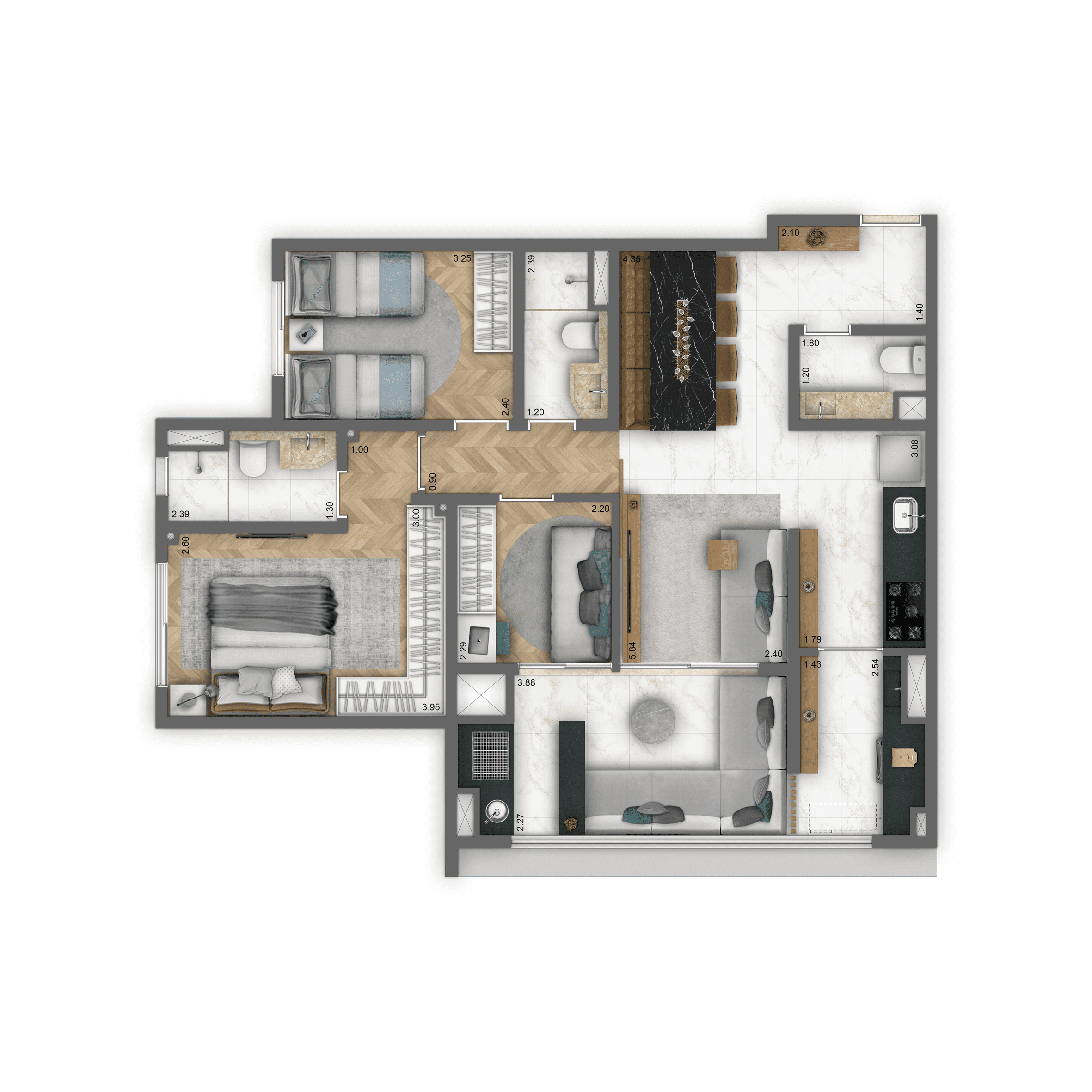 Planta-tipo 82 m² | 3 dorms. (1 suíte)