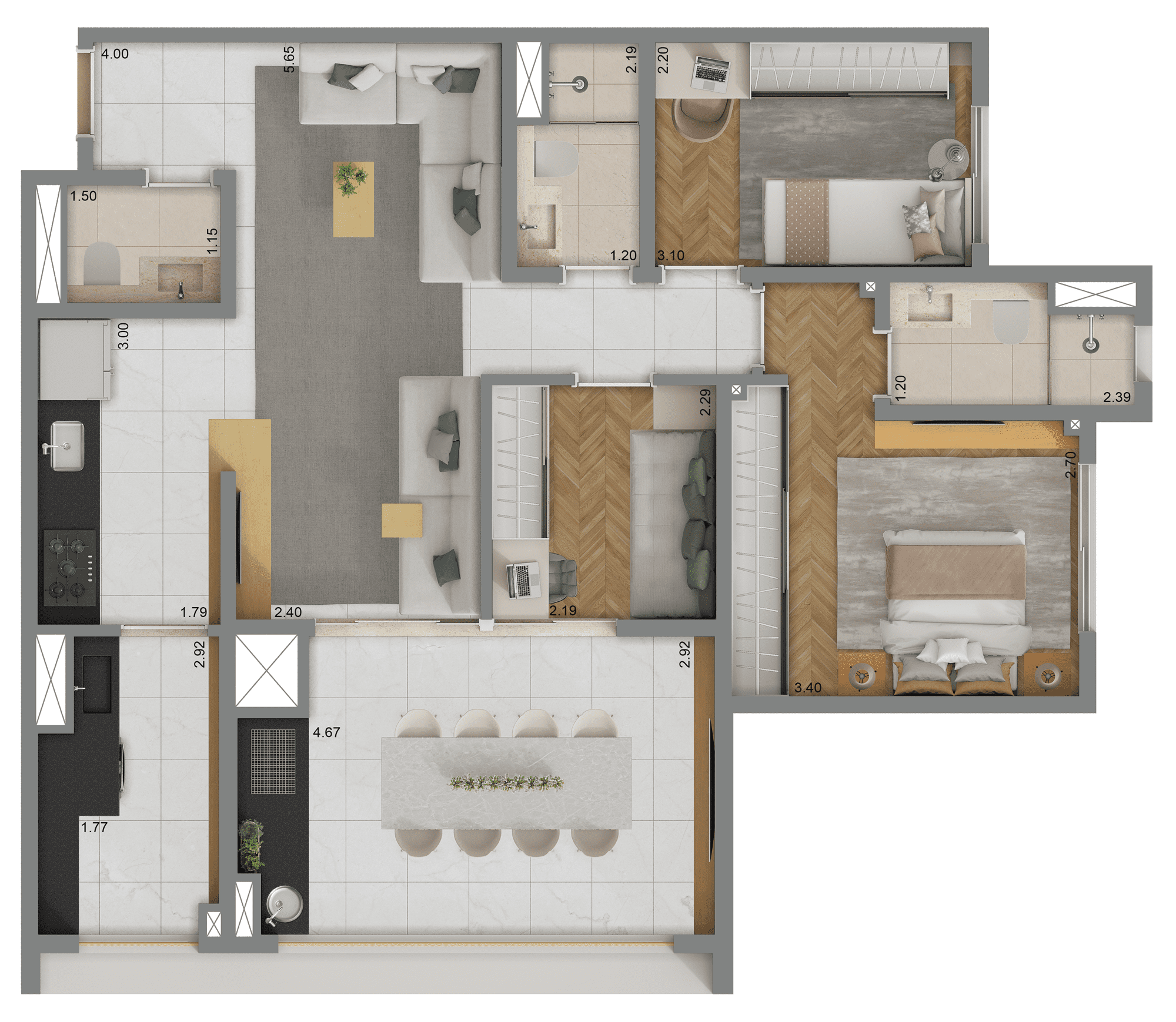 Planta-tipo 82 m² | 3 dorms. (1 suíte) 