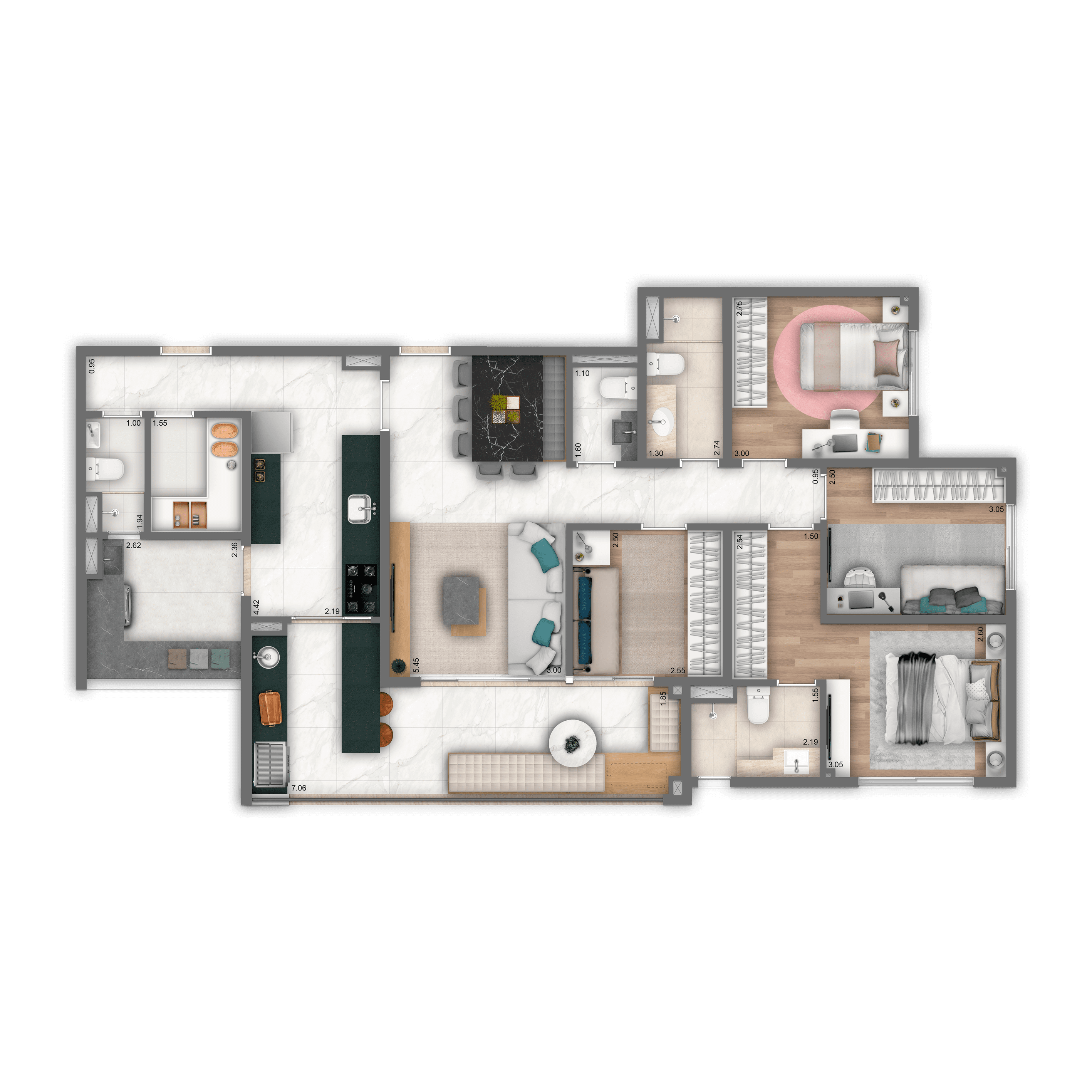 Planta Tipo 116 m² | 4 dorms. | 1 suíte