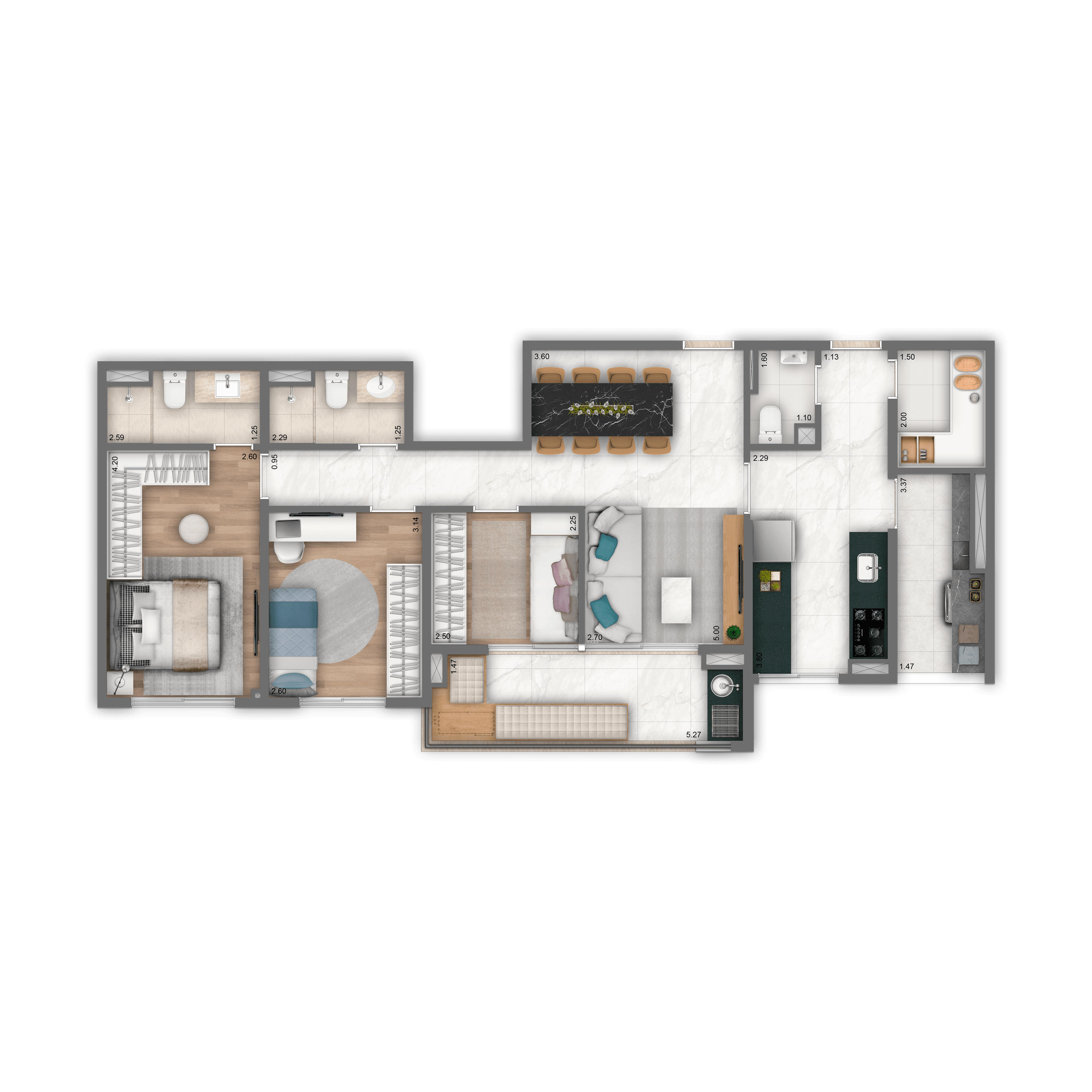 Planta Tipo 90 m² | 3 dorms. | 1 suíte