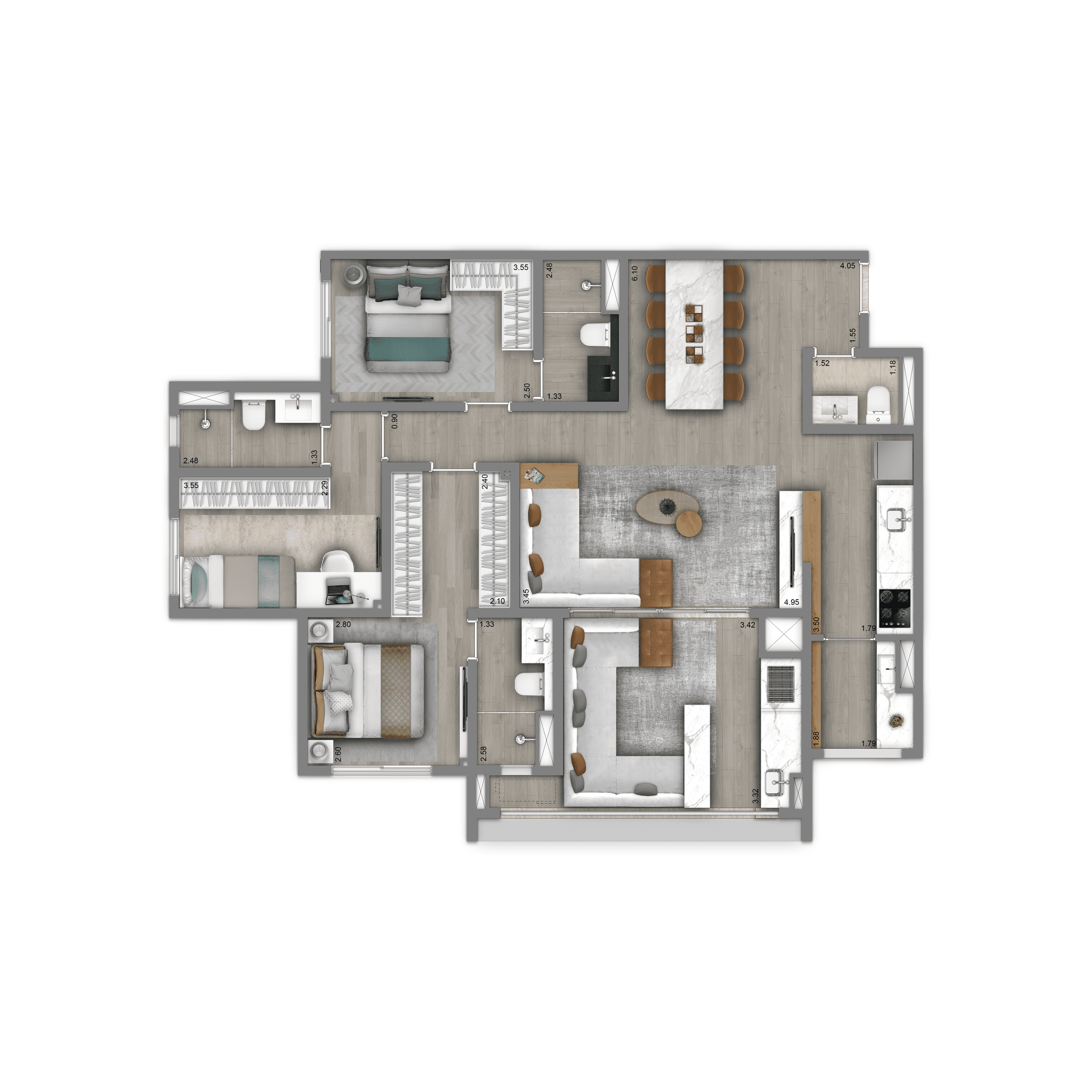 Planta-tipo 108 m² | 3 dorms. (3 suítes)