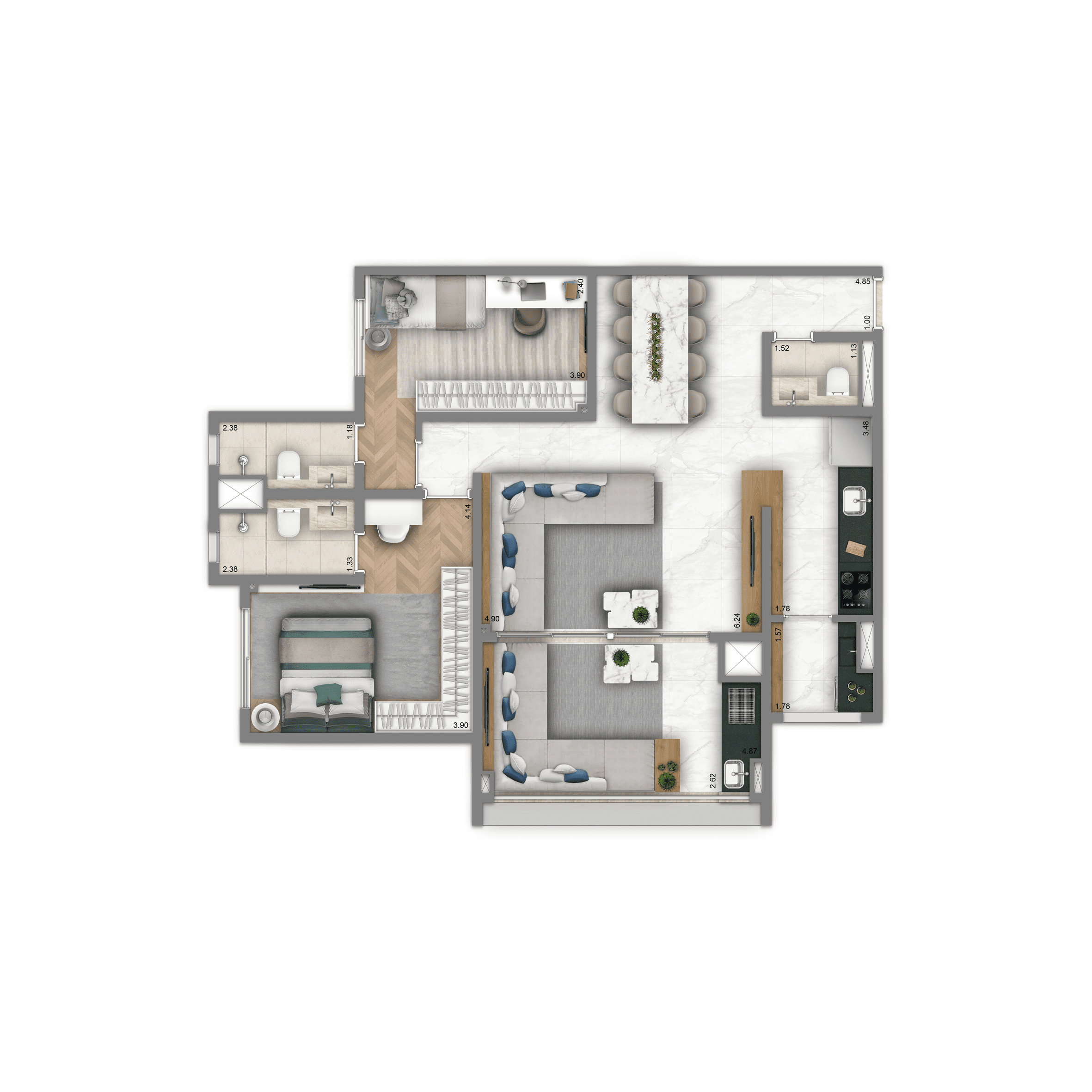 Planta-tipo 92 m² | 2 dorms. (2 suítes)