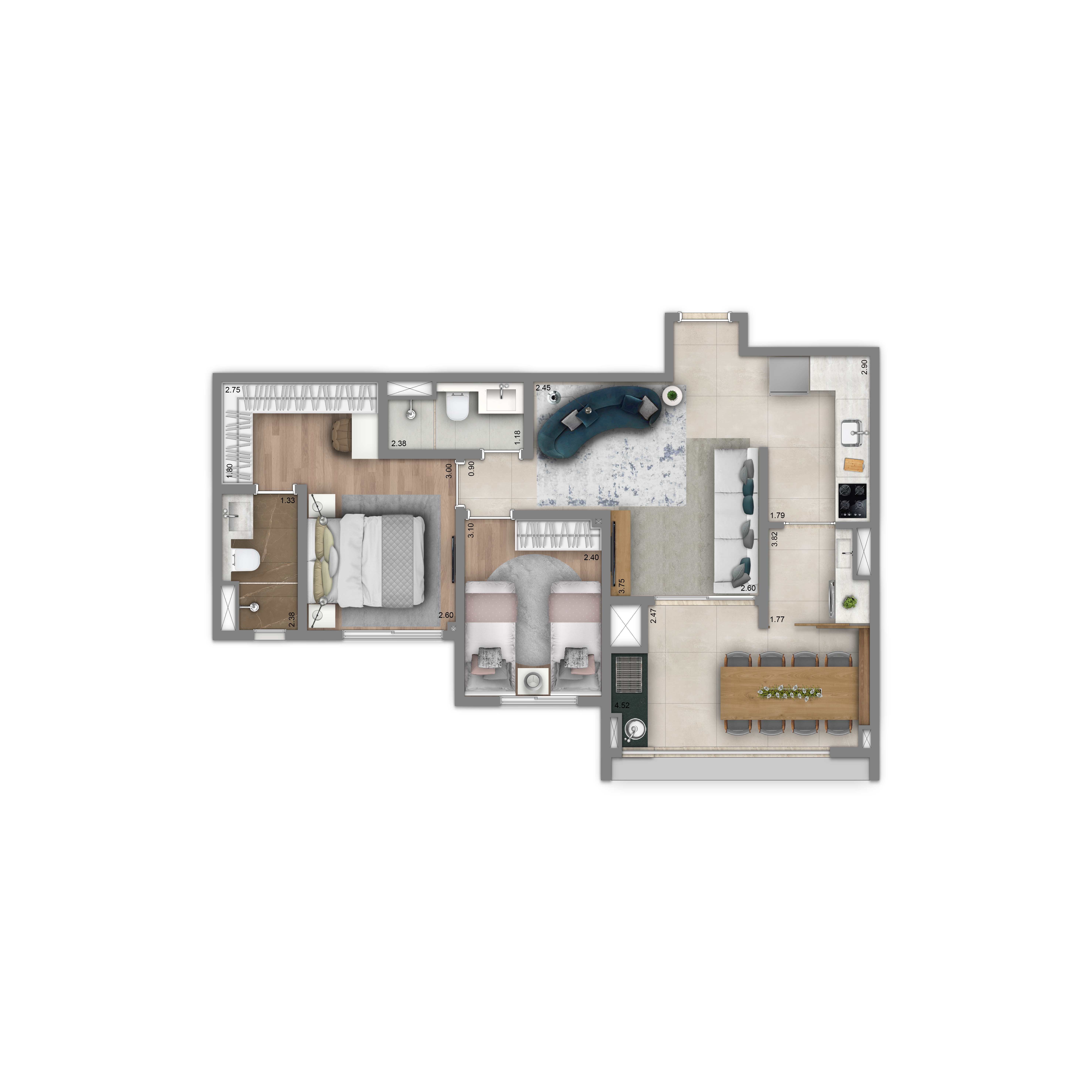 Planta-tipo 67 m² | 2 dorms. (1 suíte) 
