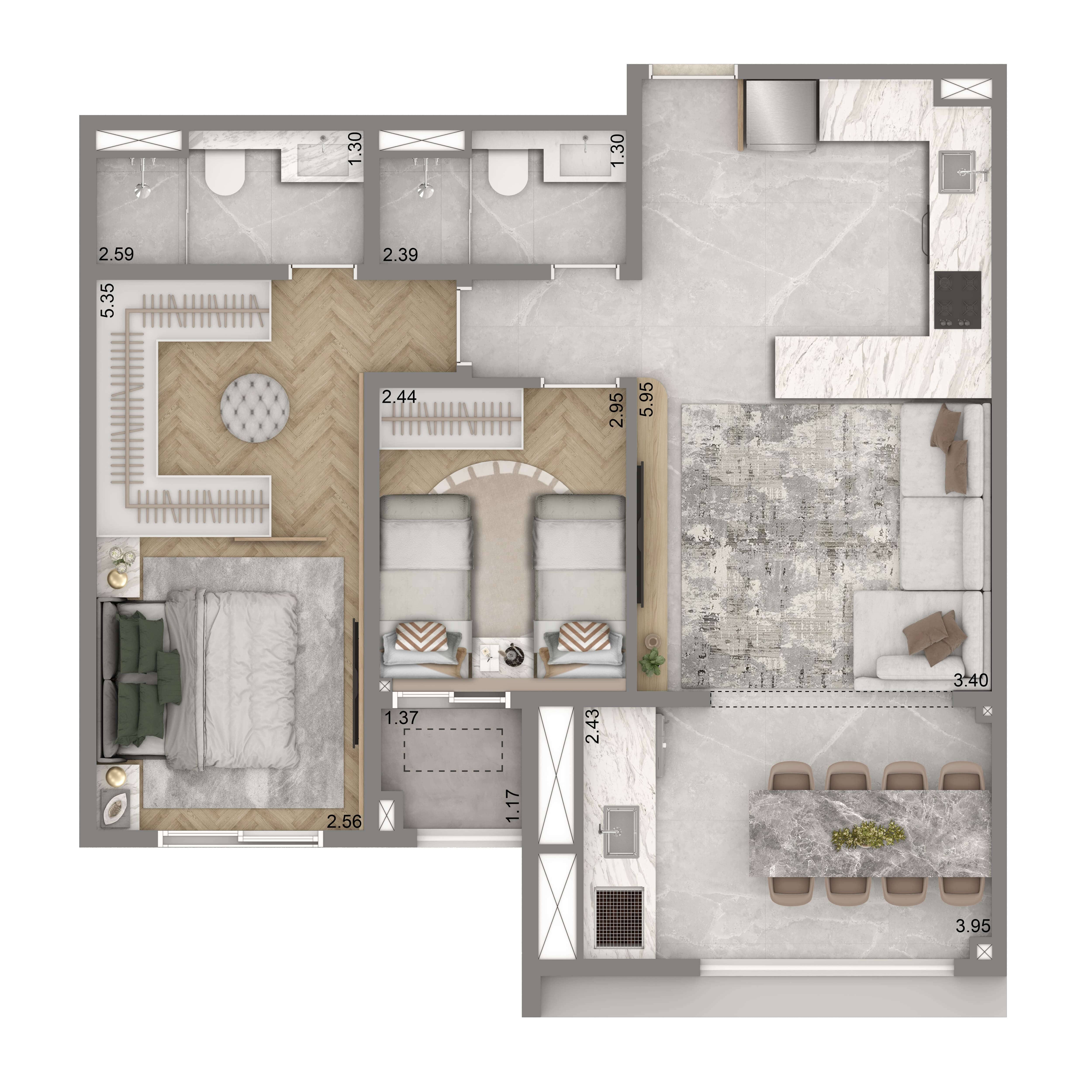 Planta Padrão 69m² | 2 dorms. | 1 suíte | 1 vaga