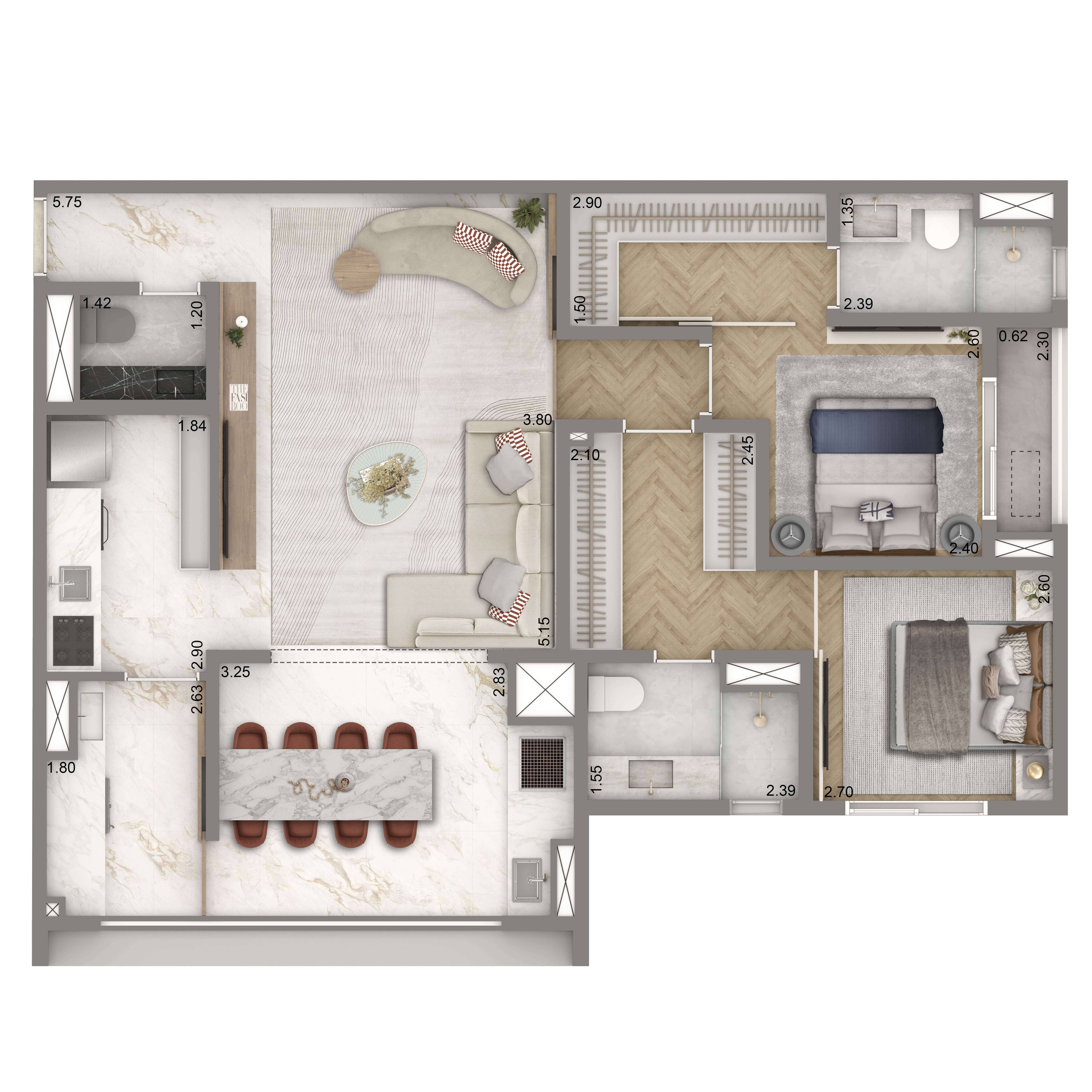Planta Padrão 89m² | 2 suítes | 1 vaga
