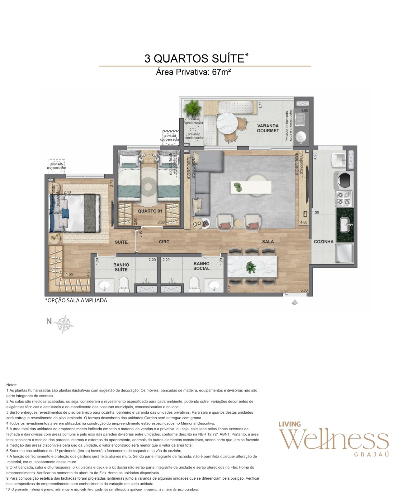 Imagem Prévia 3 Quartos Sala ampliada - Área Privativa Total: 68m²