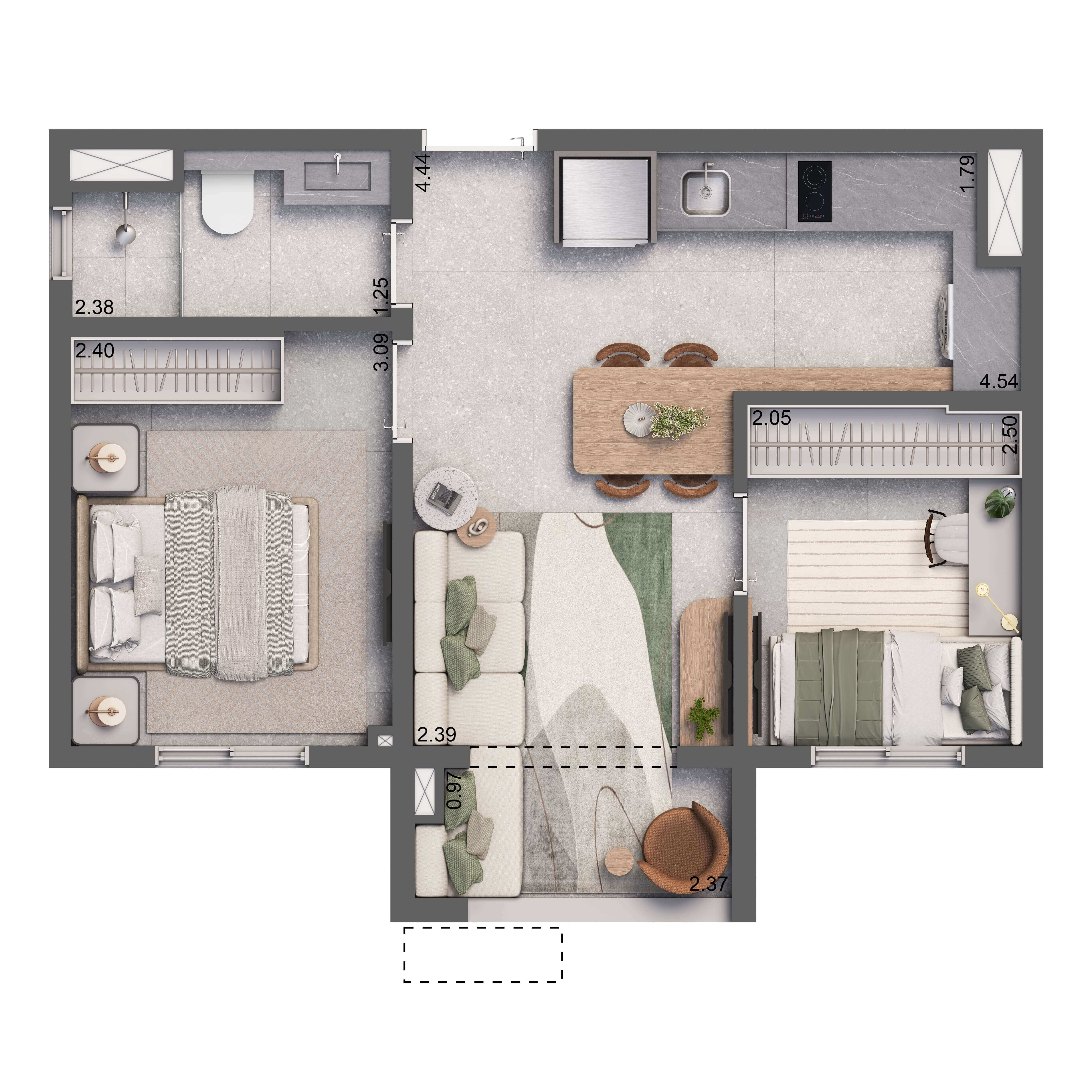 Planta Padrão com Terraço 37m² | 2 dorms.