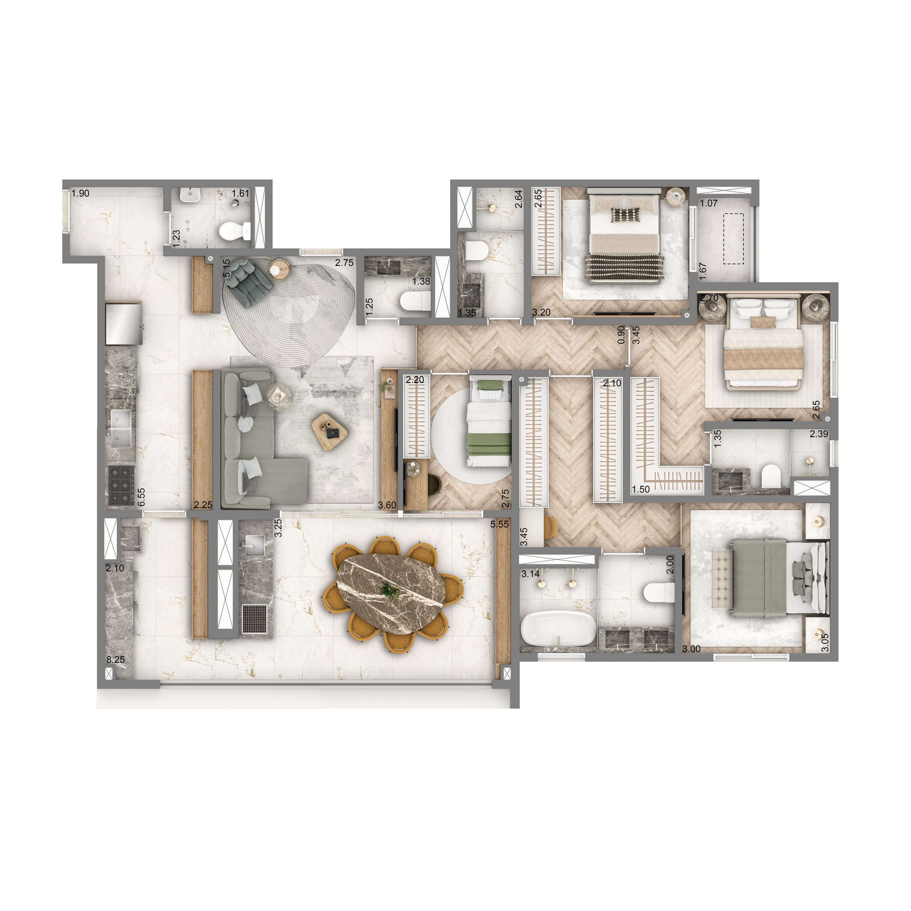 Planta Opção 140m² | 4 dorms. | 2 suítes | 2 vagas
