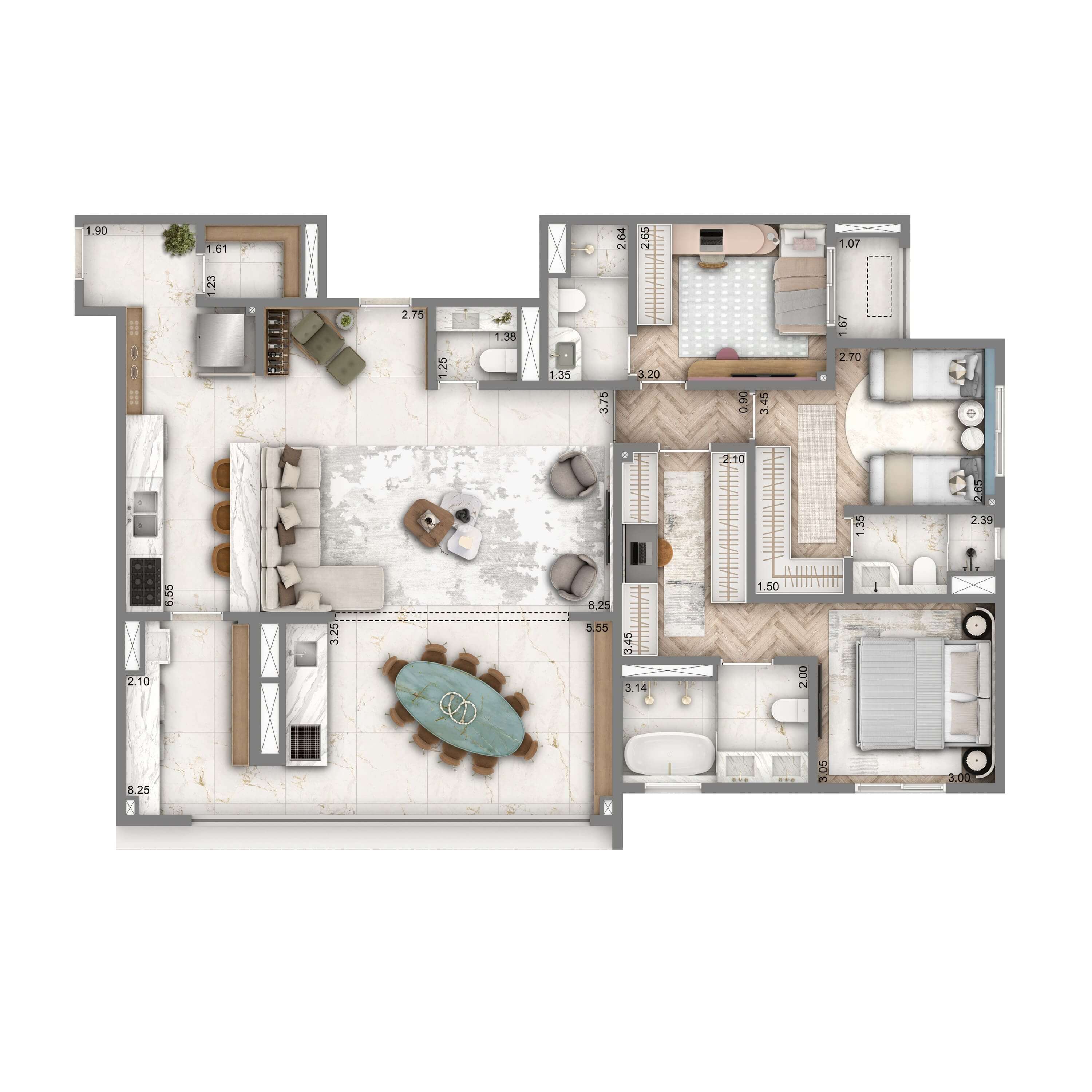 Planta Padrão 140m² | 3 suítes | 2 vagas