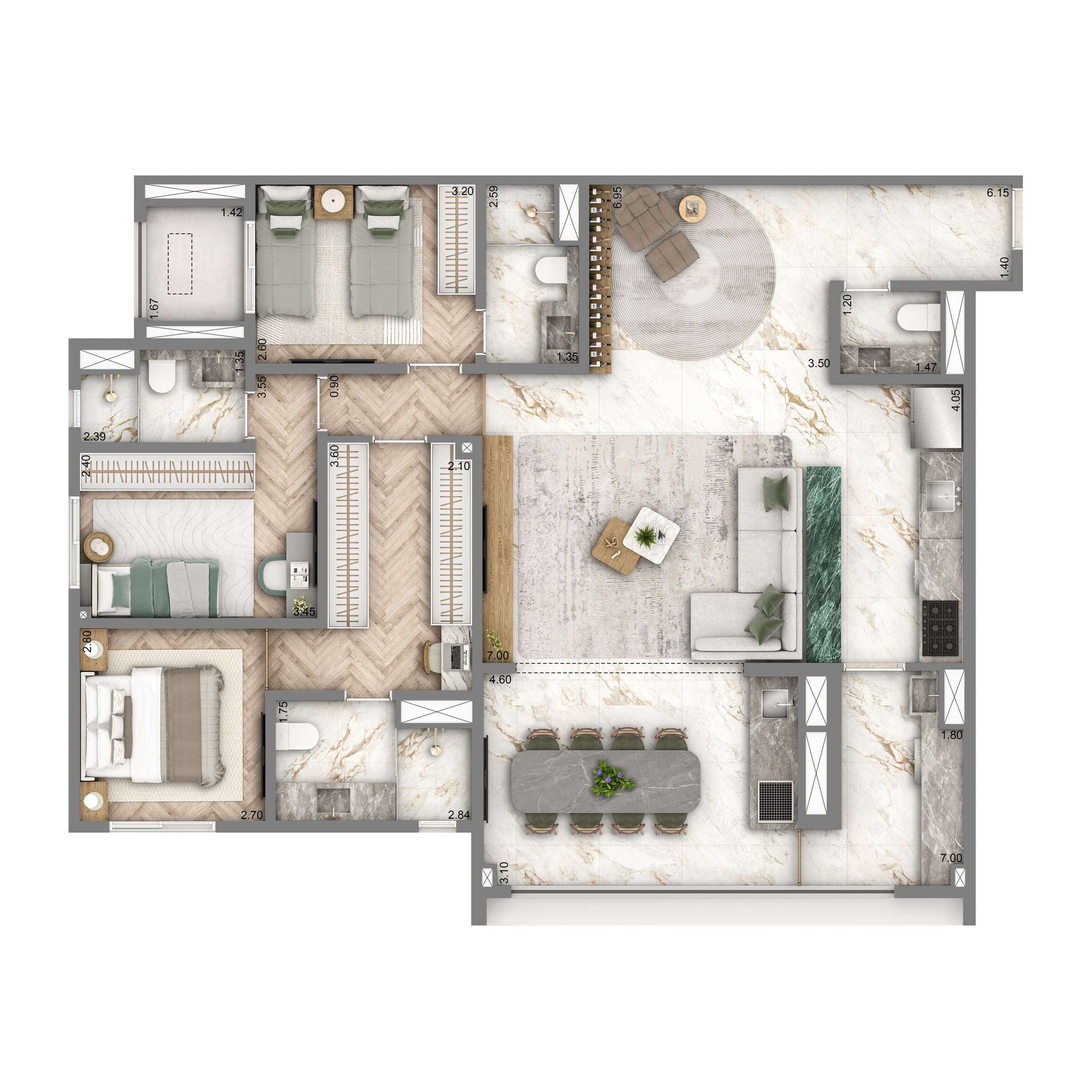 Planta Padrão 128m² | 3 suítes | 2 vagas