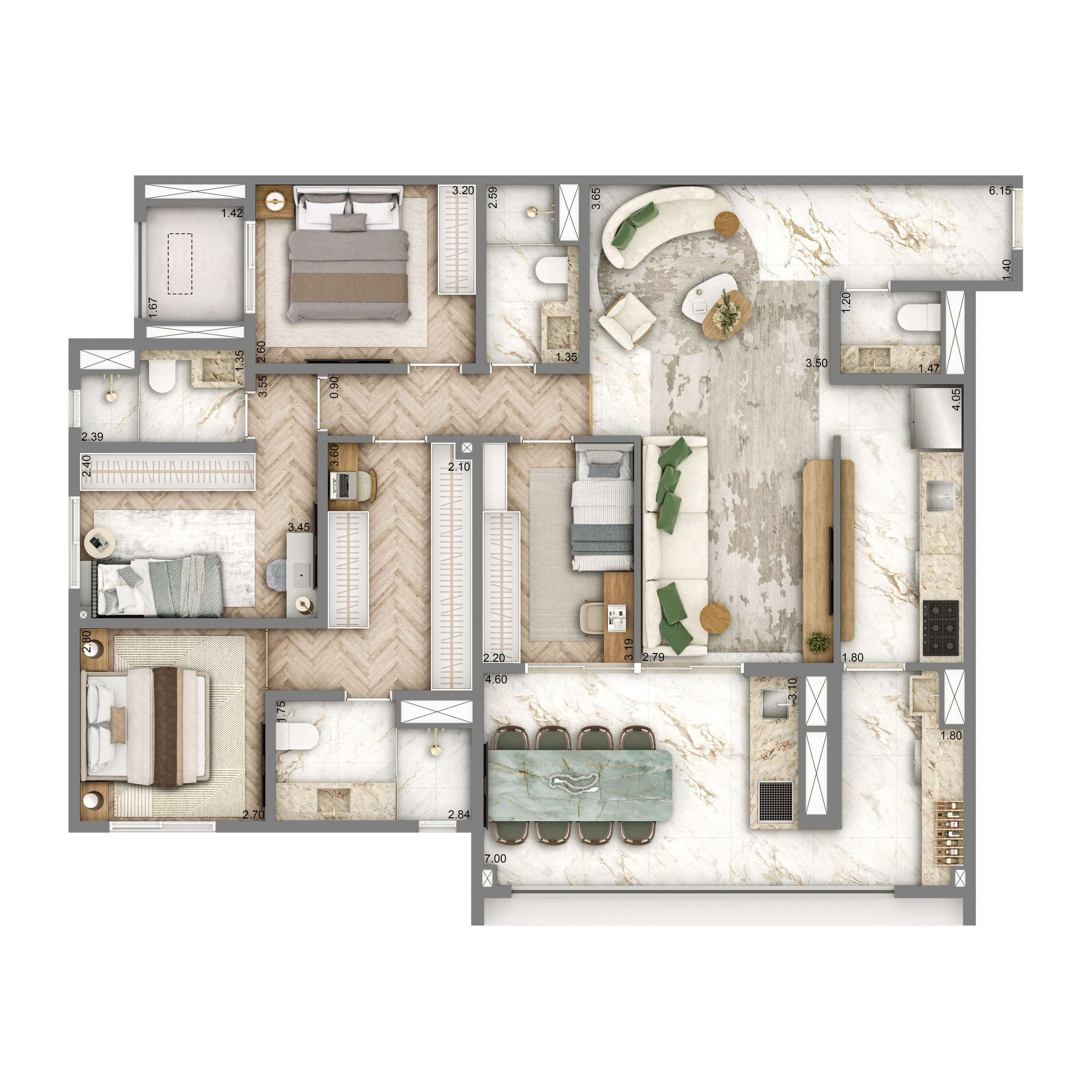 Planta Opção 128m² | 4 dorms. | 2 suítes | 2 vagas