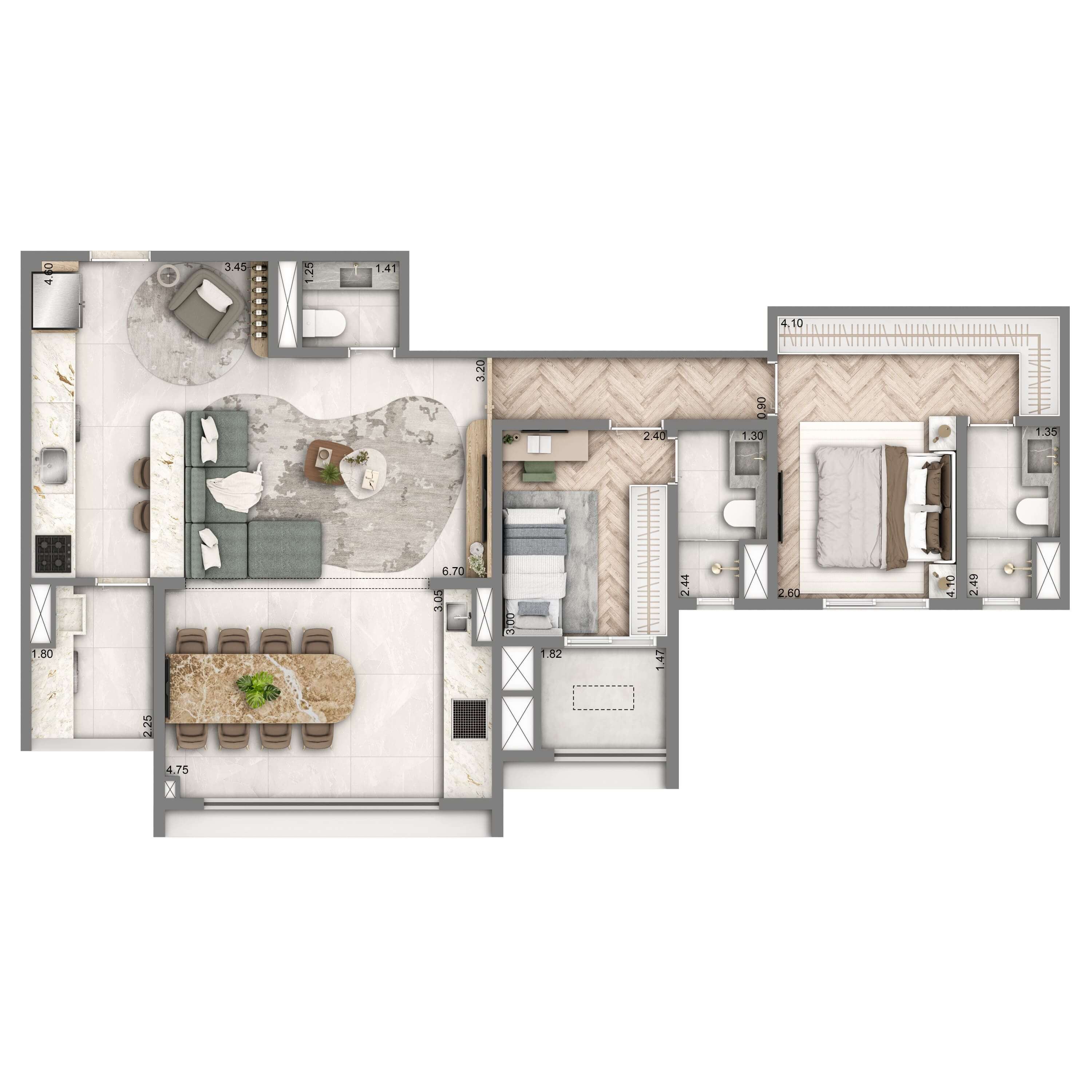 Planta Padrão 90m² | 2 suítes | 1 vaga