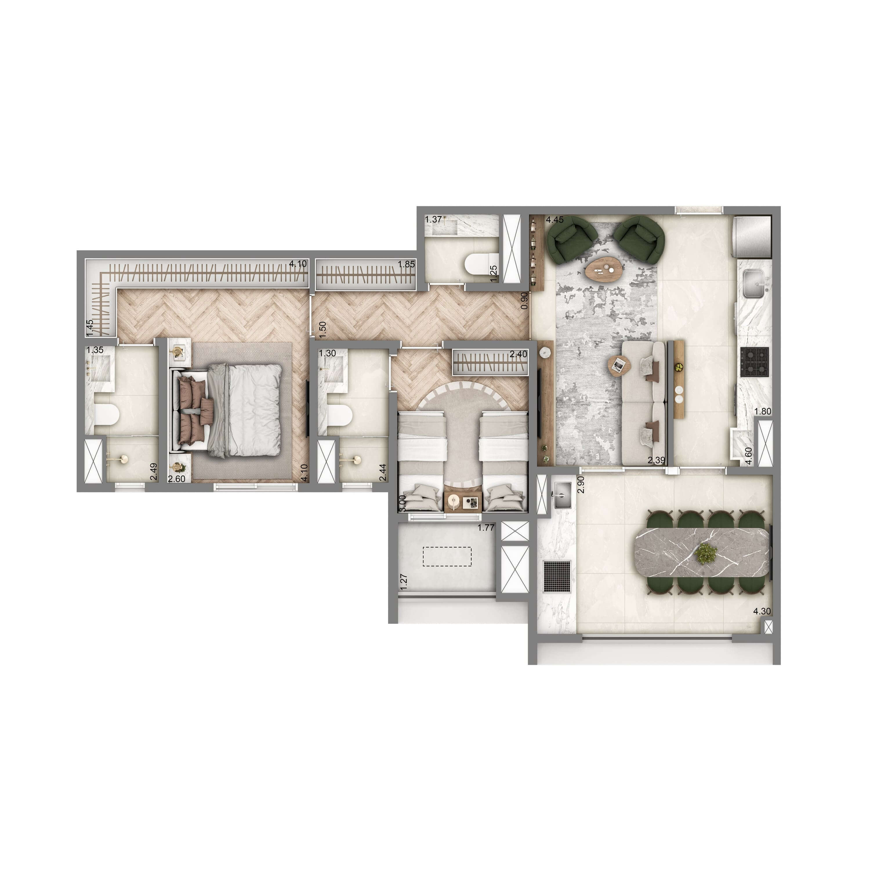 Planta Padrão 76m² | 2 suítes | 1 vaga