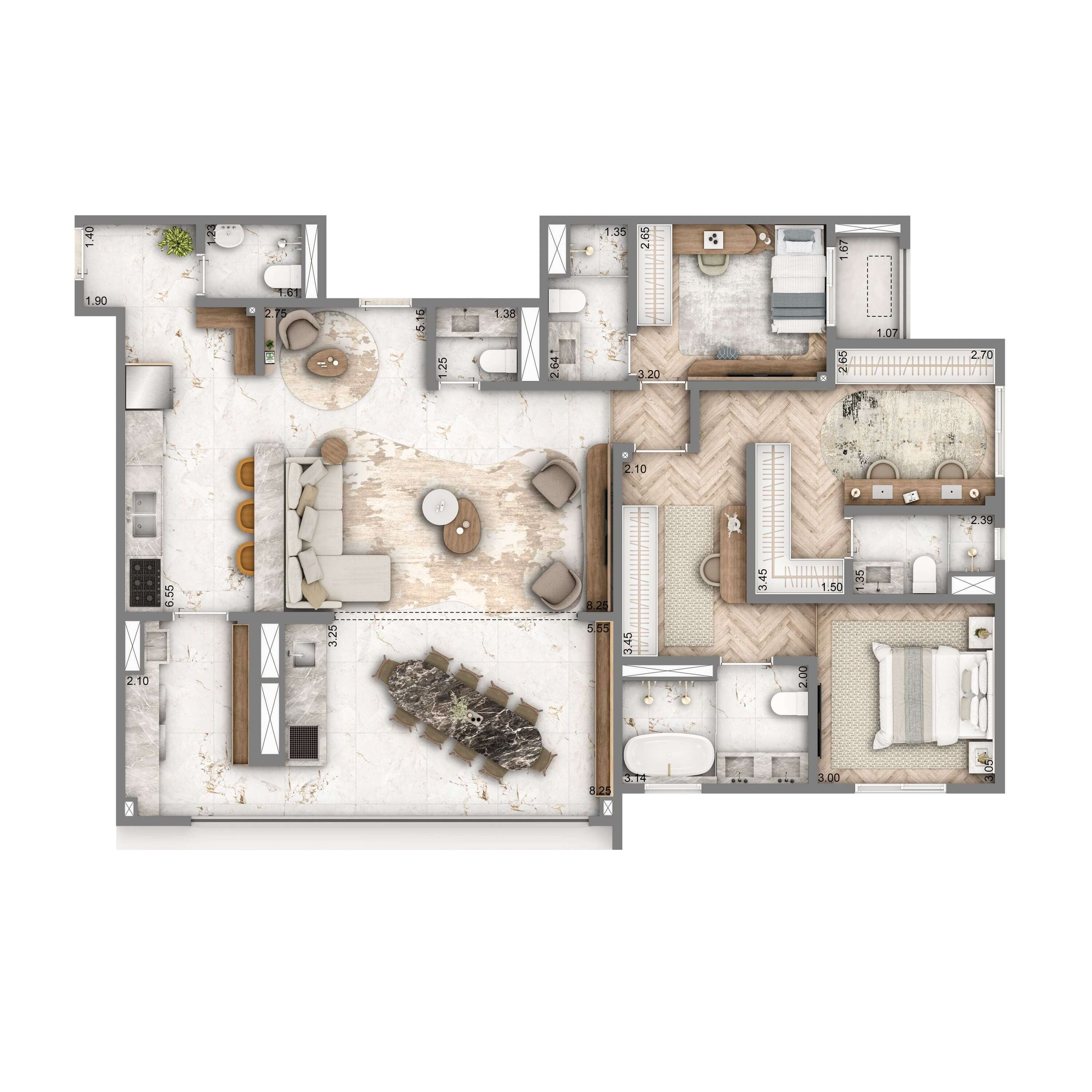 Planta Opção 140m² | 2 suítes | Banho Sr. e Sra. | 2 vagas