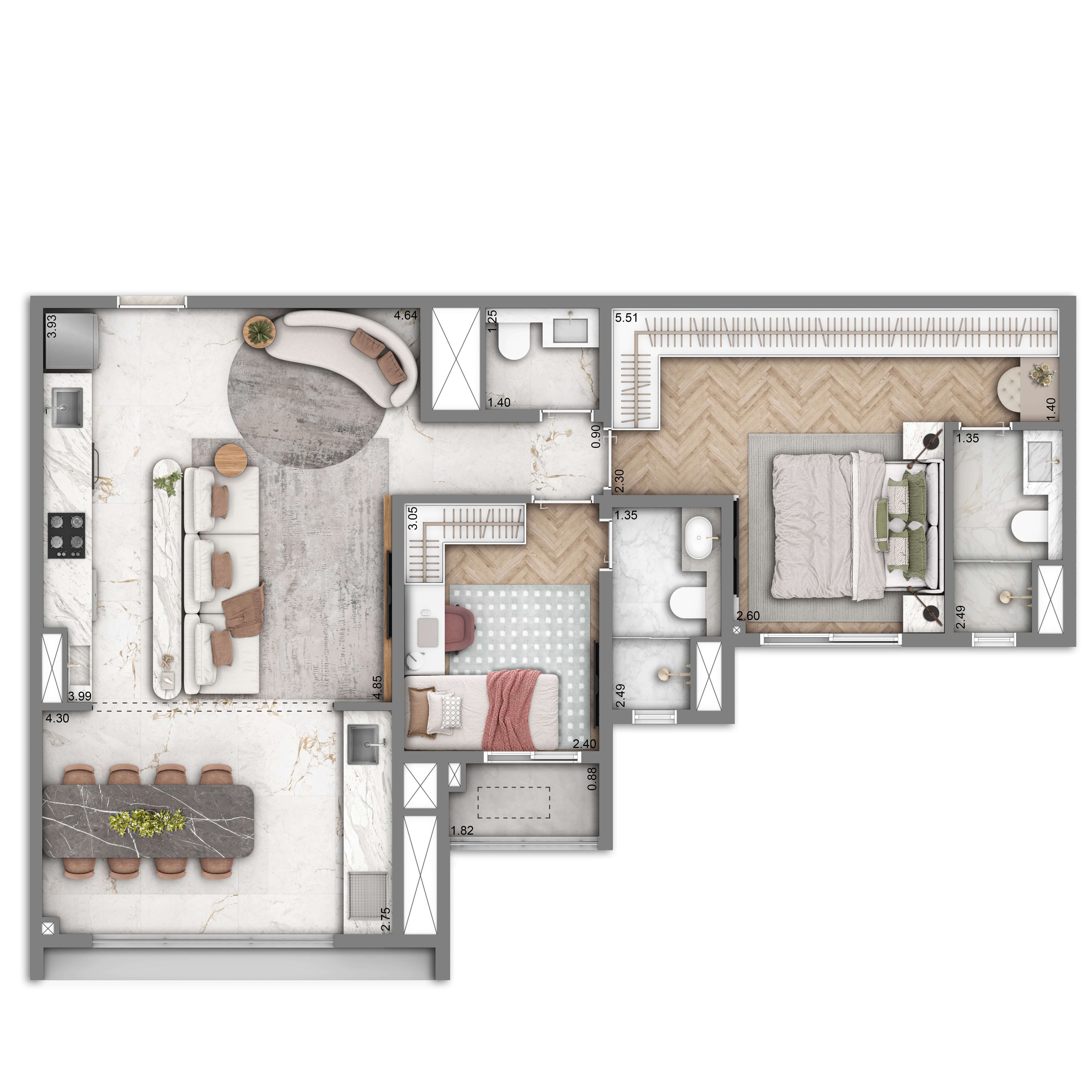 Planta Padrão 77m² | 2 suítes | 1 vaga