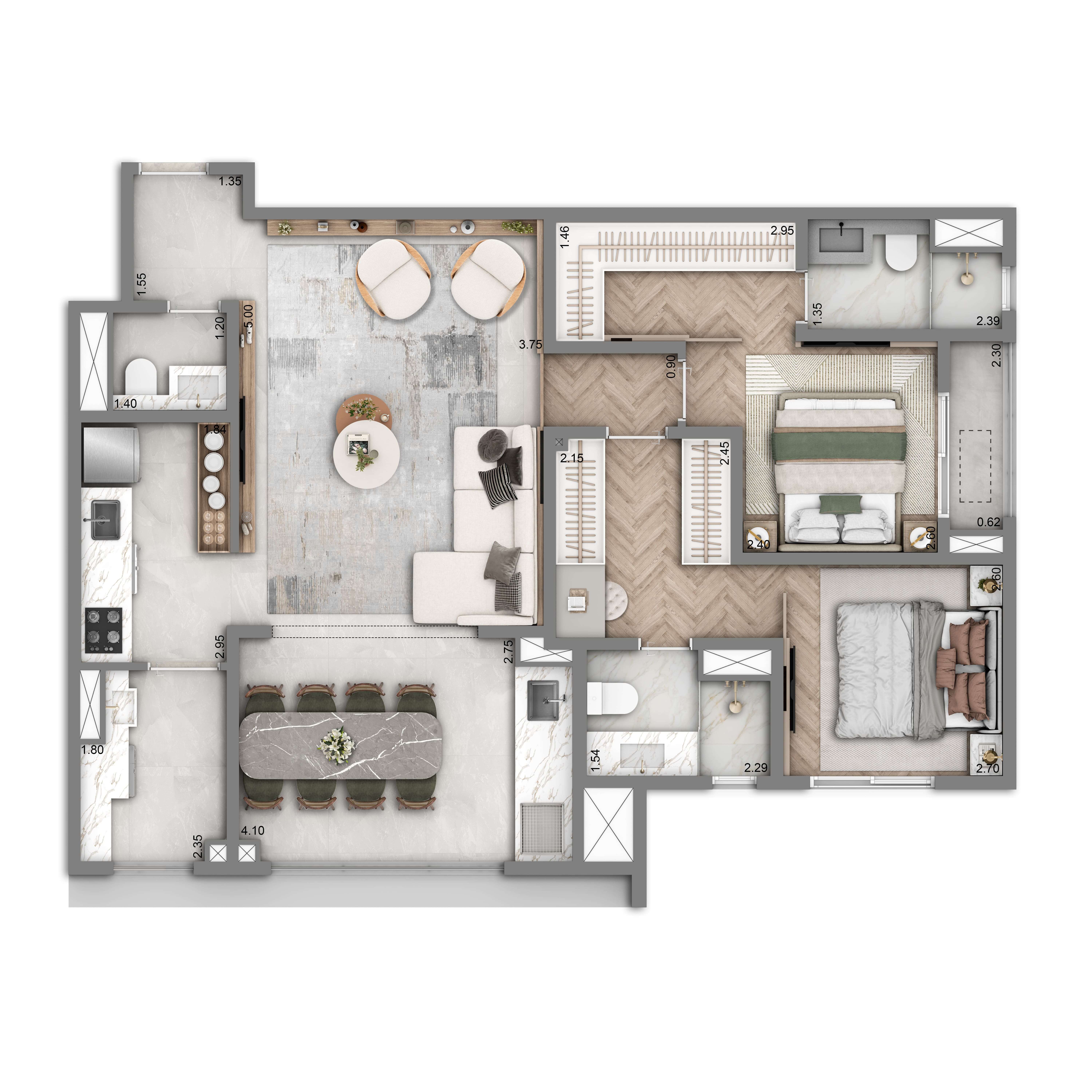 Planta Padrão 88m² | 2 suítes | 1 vaga