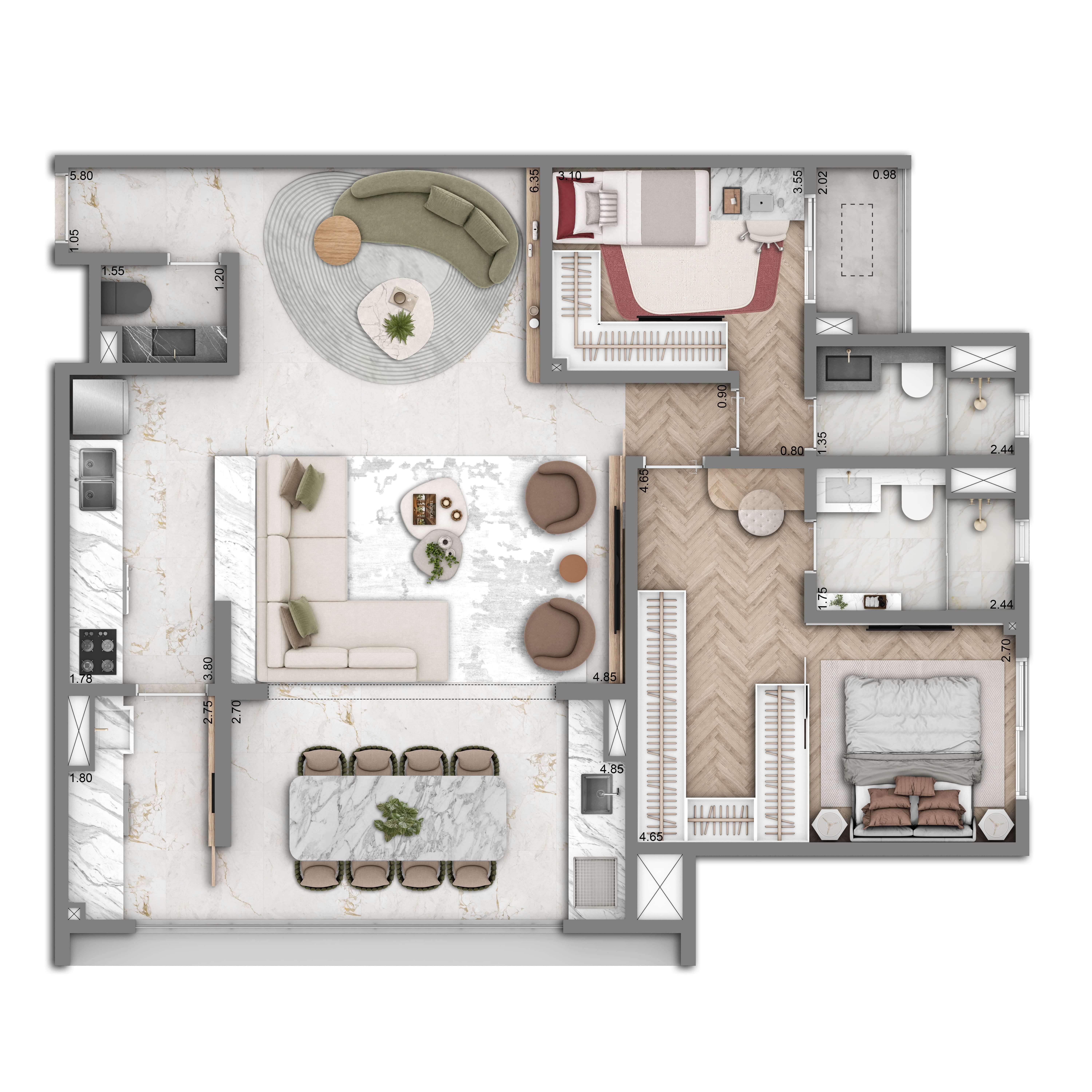 Planta Padrão 104m² | 2 suítes | Cozinha Integrada | 2 vagas