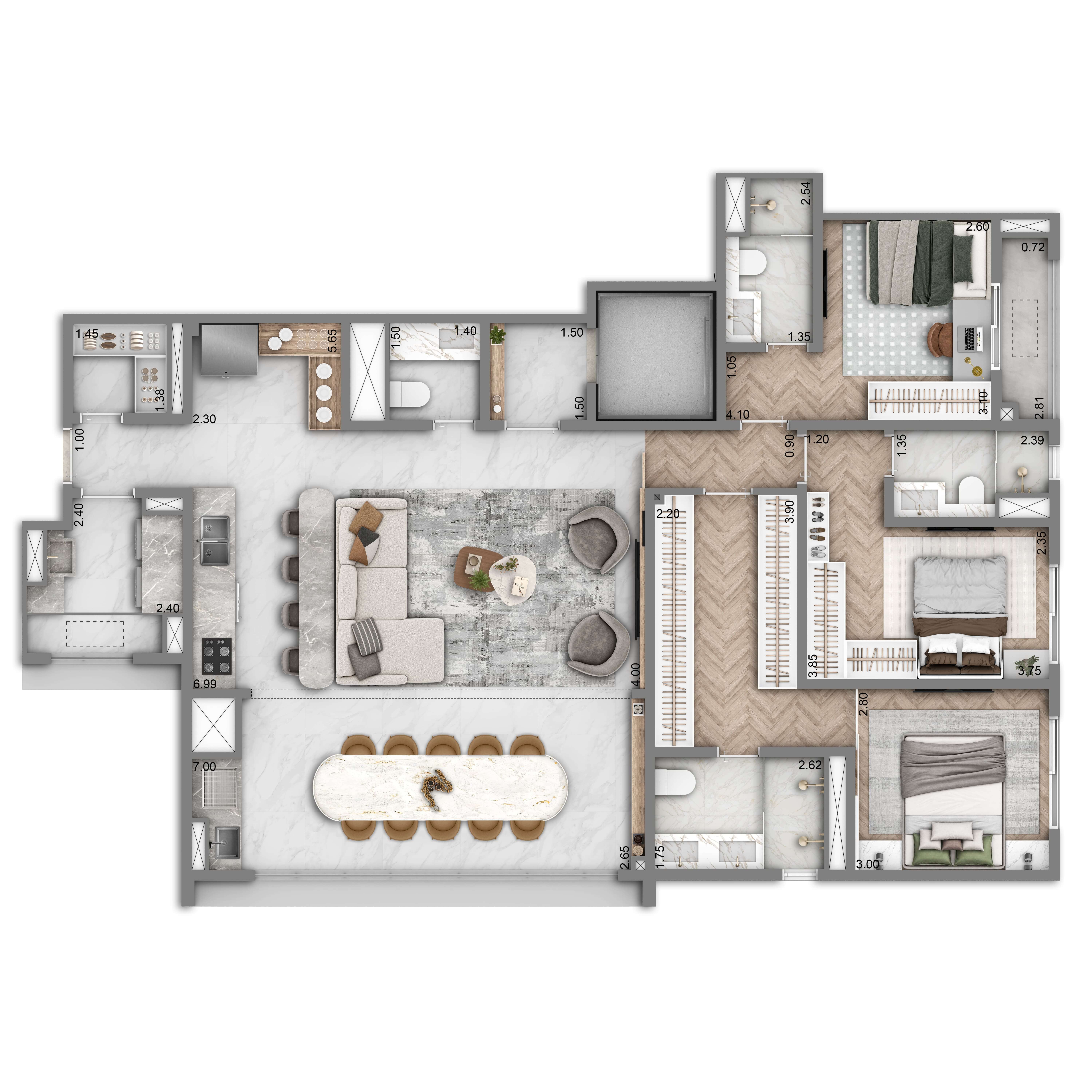 Planta Padrão 133m² | 3 suítes | Cozinha Integrada | 2 vagas