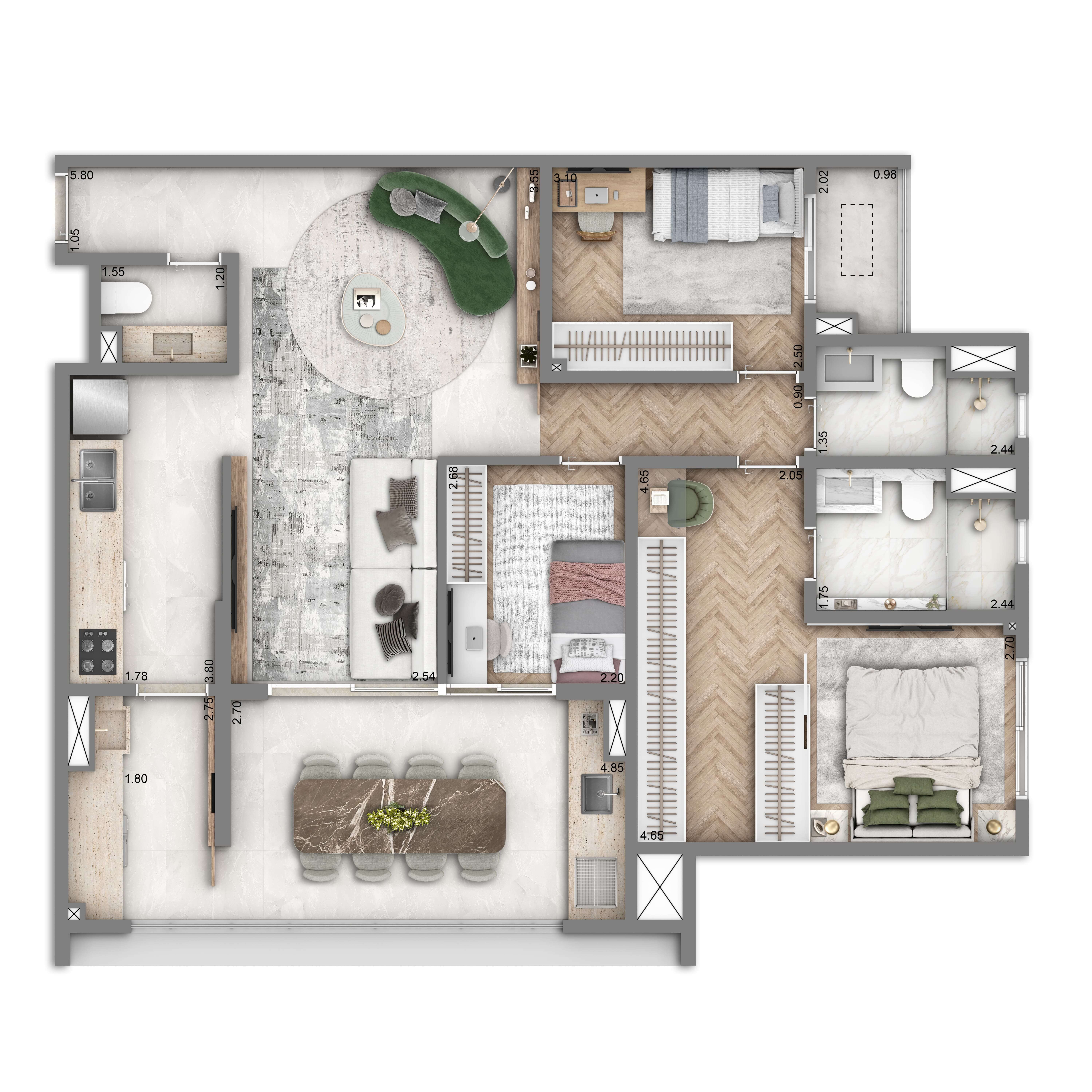 Planta Opção 105m² | 3 dorms. | 1 suíte | 2 vagas