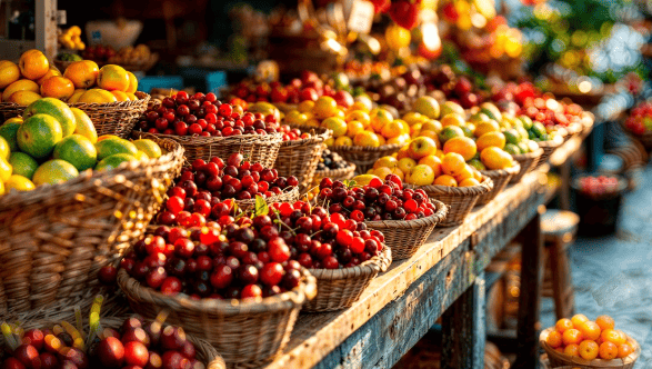  Cestas de vime cheias de frutas variadas em uma banca de feira.