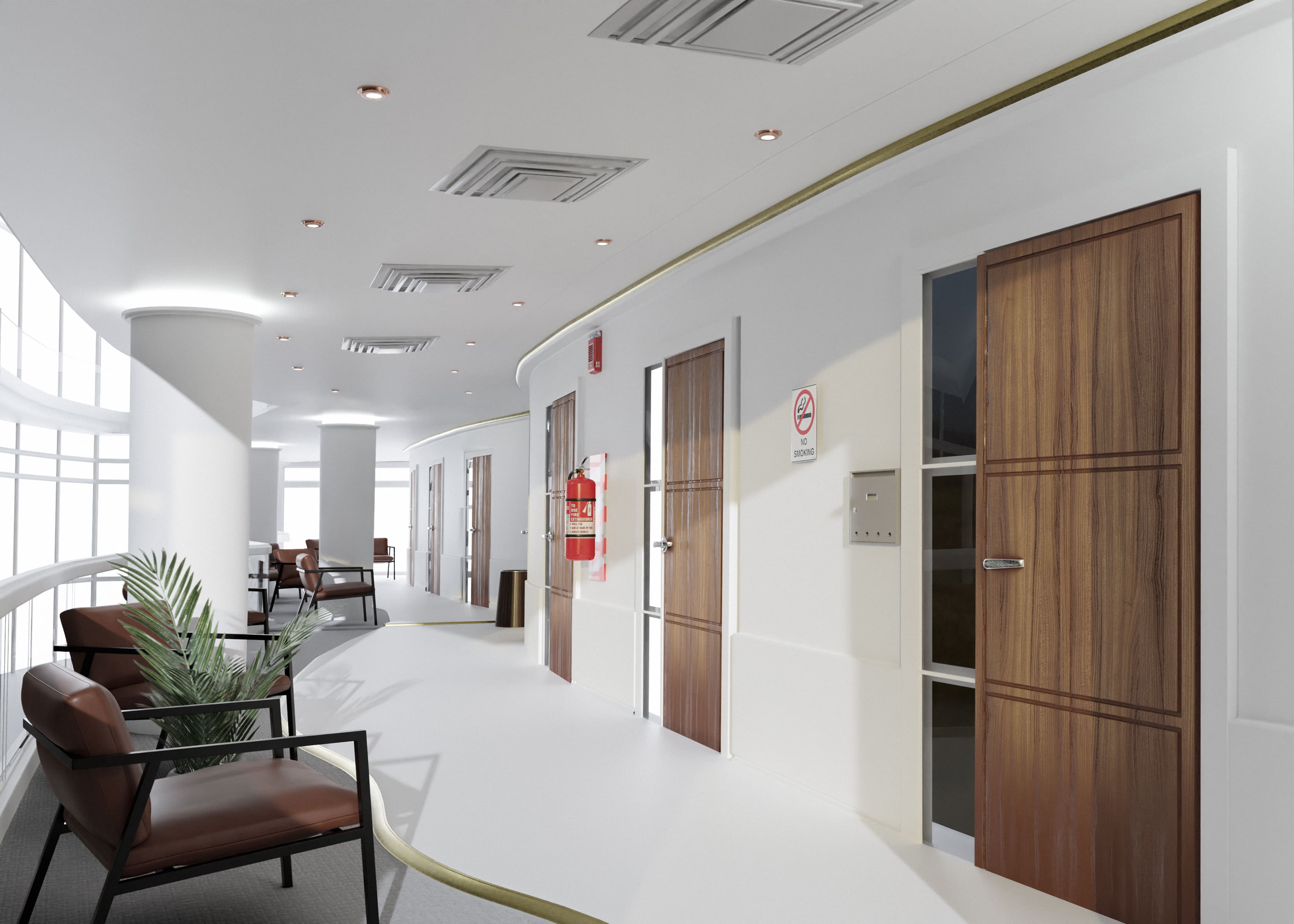 Corredor clean de uma clínica médica com portas de madeira e poltronas de espera.