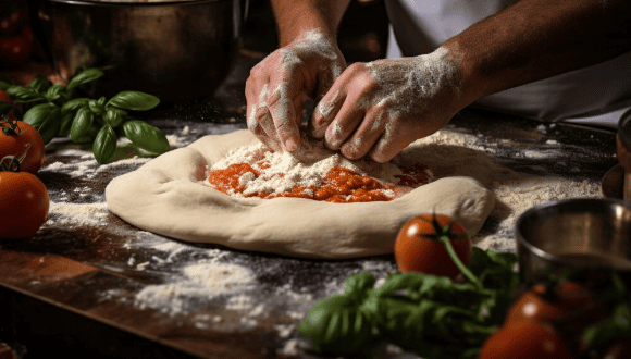 Mãos de um pizzaiolo espalhando farinha e molho de tomate sobre a massa de pizza.