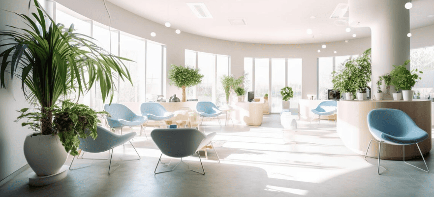 Recepção ampla e moderna com poltronas azuis, plantas e grandes janelas de vidro.
