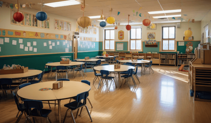 Sala de aula infantil vazia com mesas redondas e decoração colorida pendurada no teto.