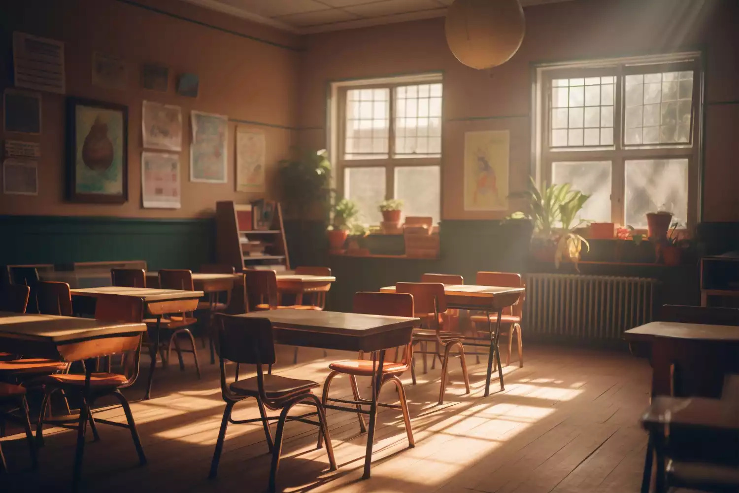 Sala de aula vazia com carteiras de madeira iluminadas pelo sol.
