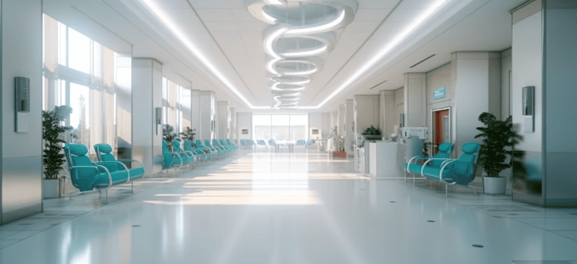 mplo corredor de espera de um hospital moderno com poltronas azuis e teto iluminado.