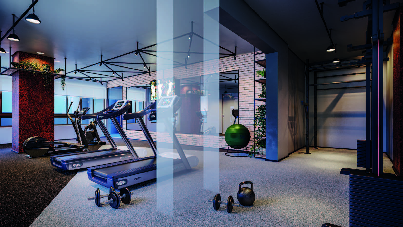 imagem ilustra um espaço para atividades físicas, com esteiras, pesos e uma bola verde de pilates