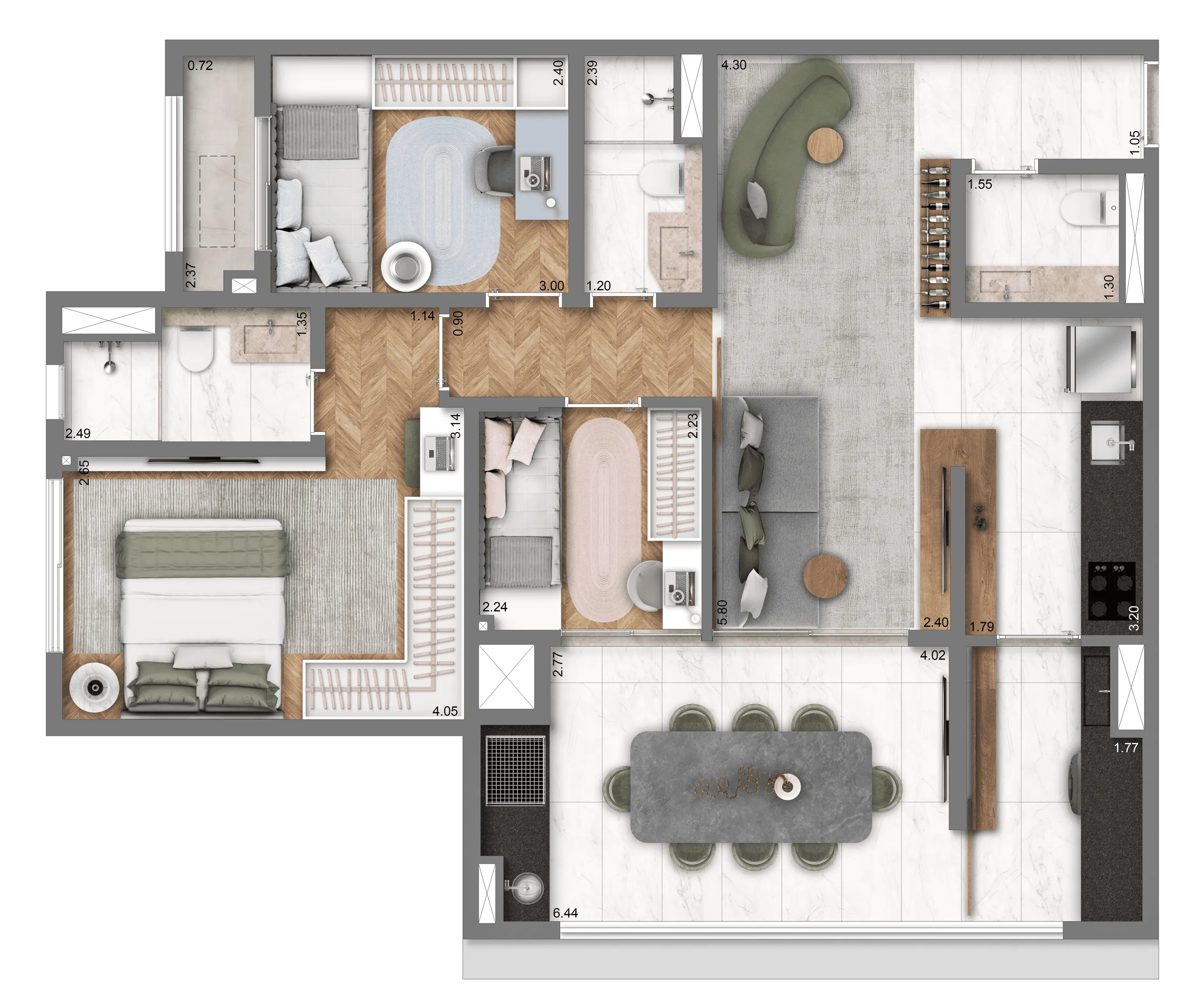 Planta Padrão 87 m² | 3 dorms. | 1 suíte