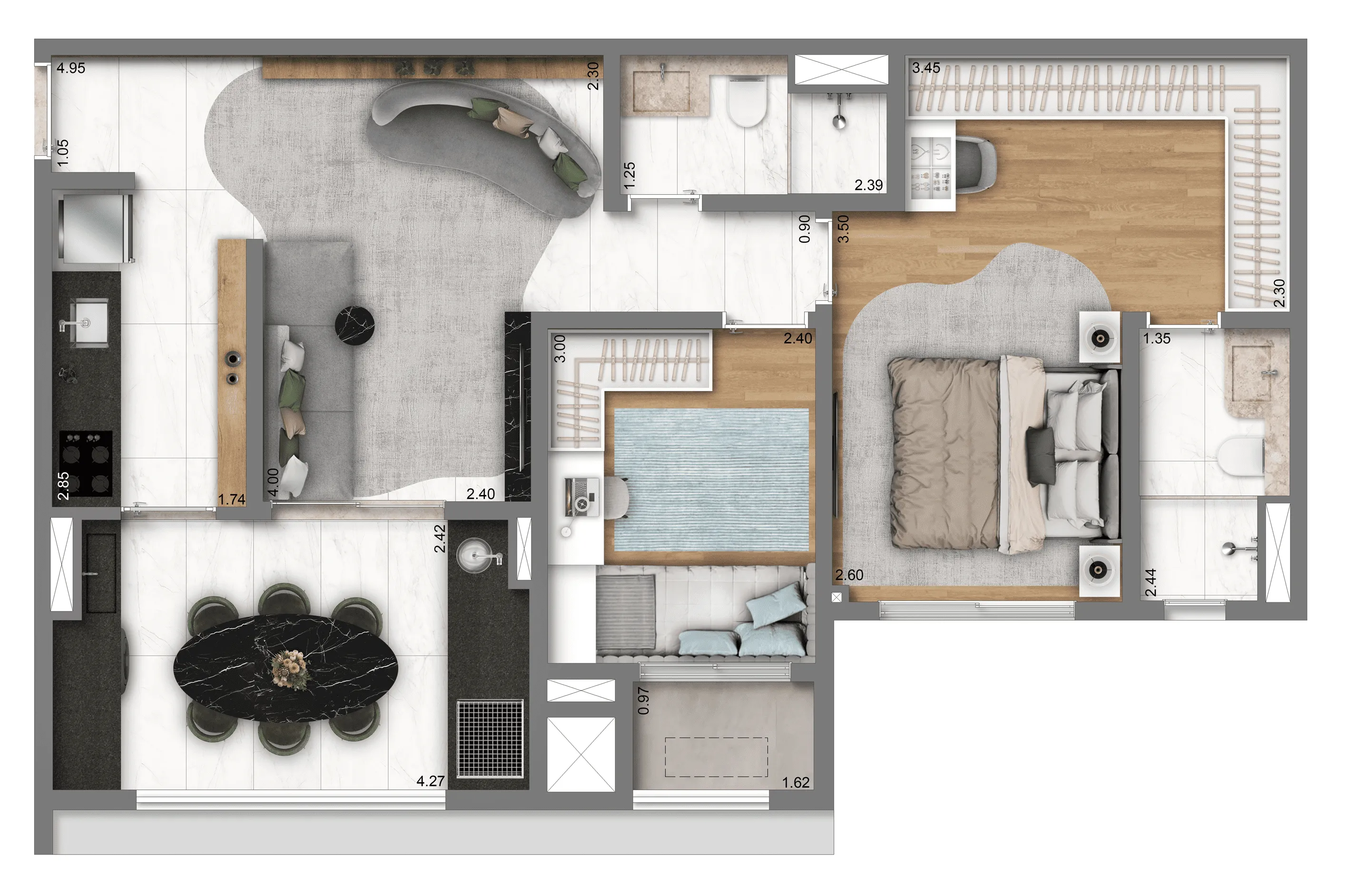 Planta Padrão 69 m² | 2 dorms. | 1 suíte