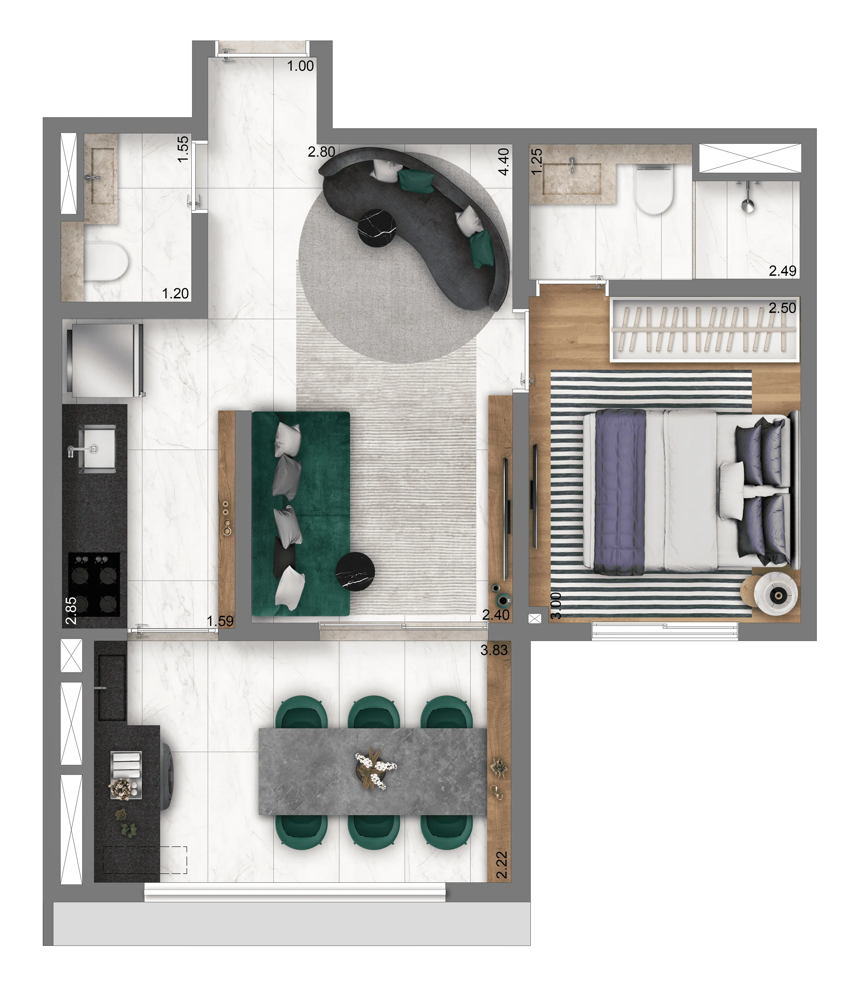 Planta Padrão 43 m² | 1 suíte