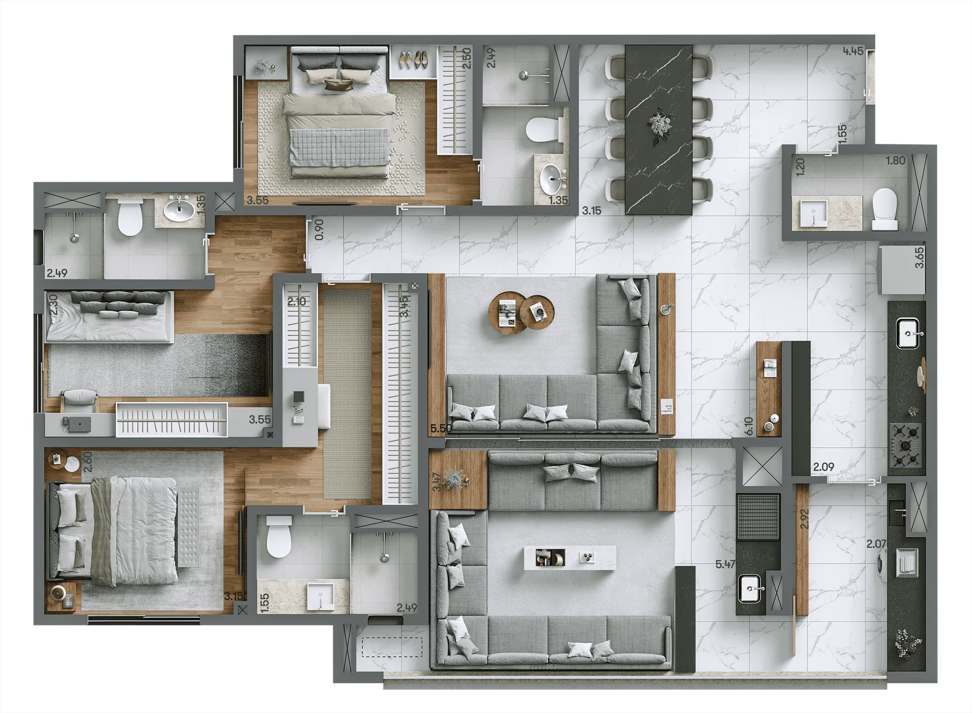 Planta-tipo 125 m² | 3 dorms. (3 suítes)