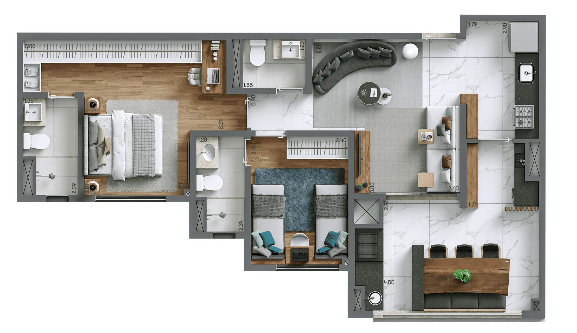 Planta Tipo 72 m² | 2 dorms. | 2 suítes