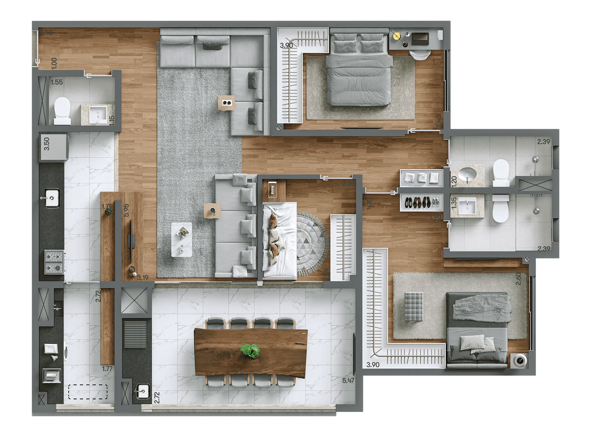 Planta-tipo 98 m² | 3 dorms. (2 suítes)