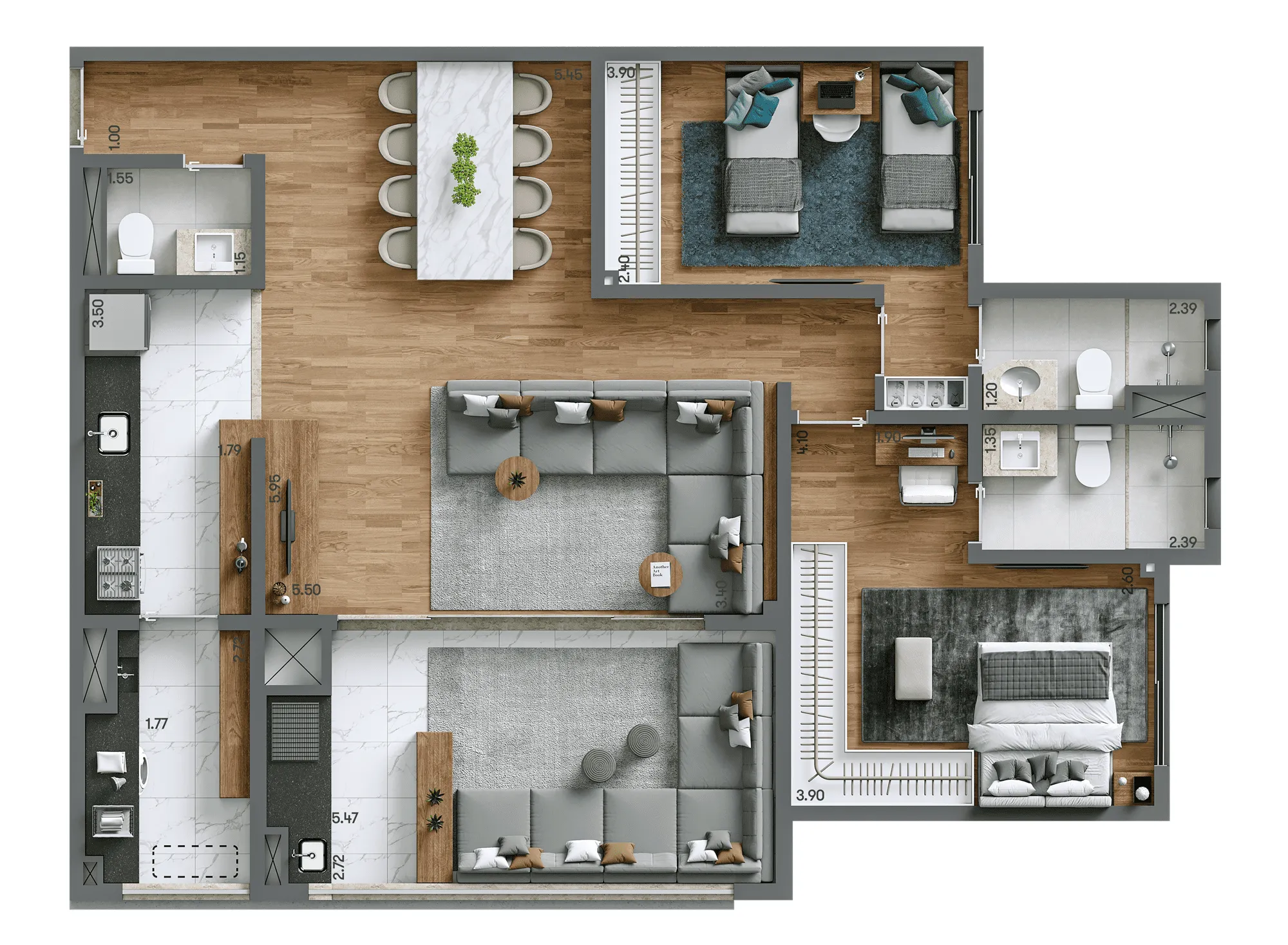 Planta Opção 98m² | 2 dorms | 2 suítes