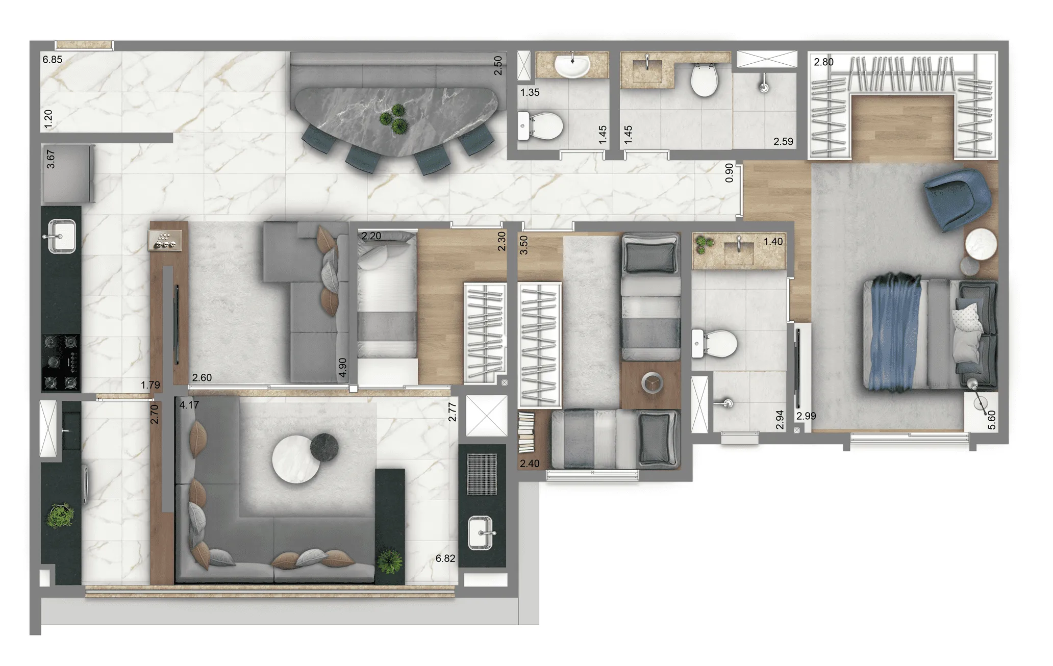 Planta-tipo 100 m² | 3 Dorms (1 Suíte)