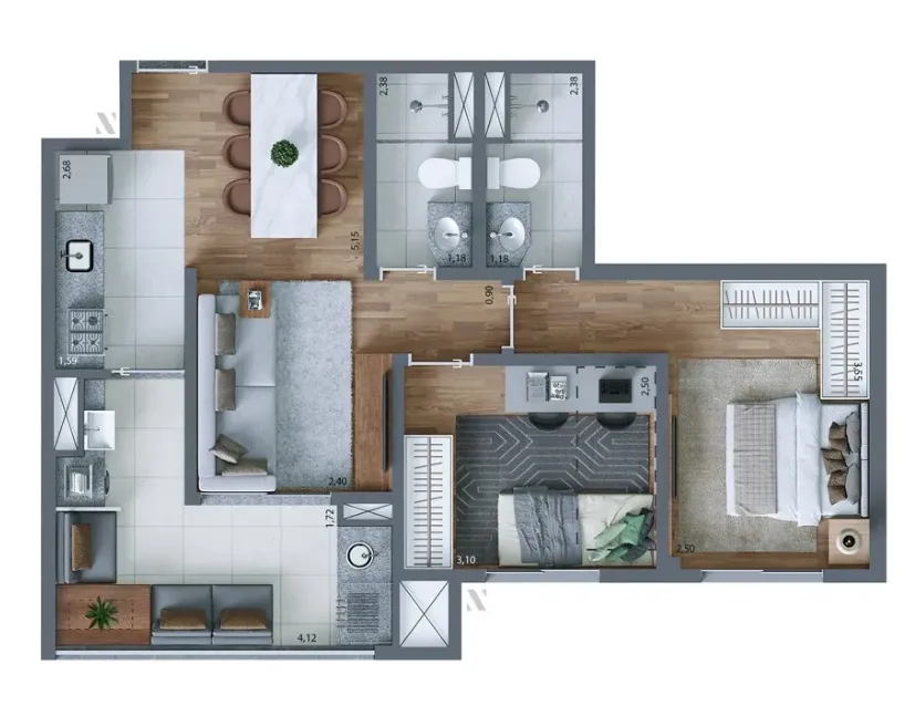 Planta Tipo 59 m² | 2 dorms. | 1 suíte