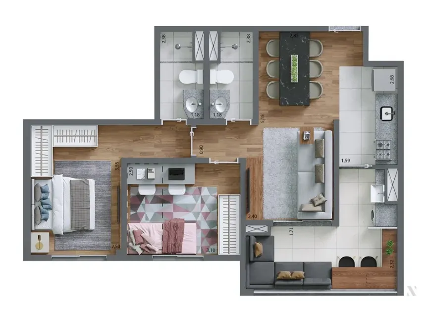 Planta Tipo 59 m² | 2 dorms. | 1 suíte