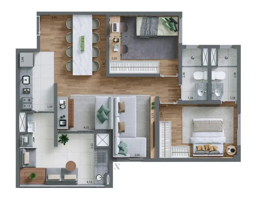 Planta Opção 69 m² | 2 dorms. | 1 suíte