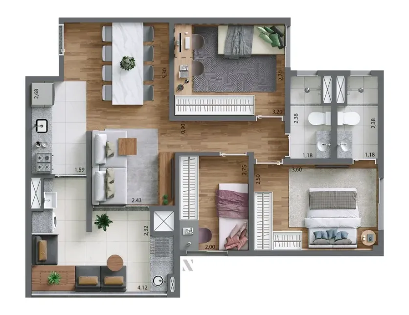 Planta Tipo 69 m² | 3 dorms. | 1 suíte