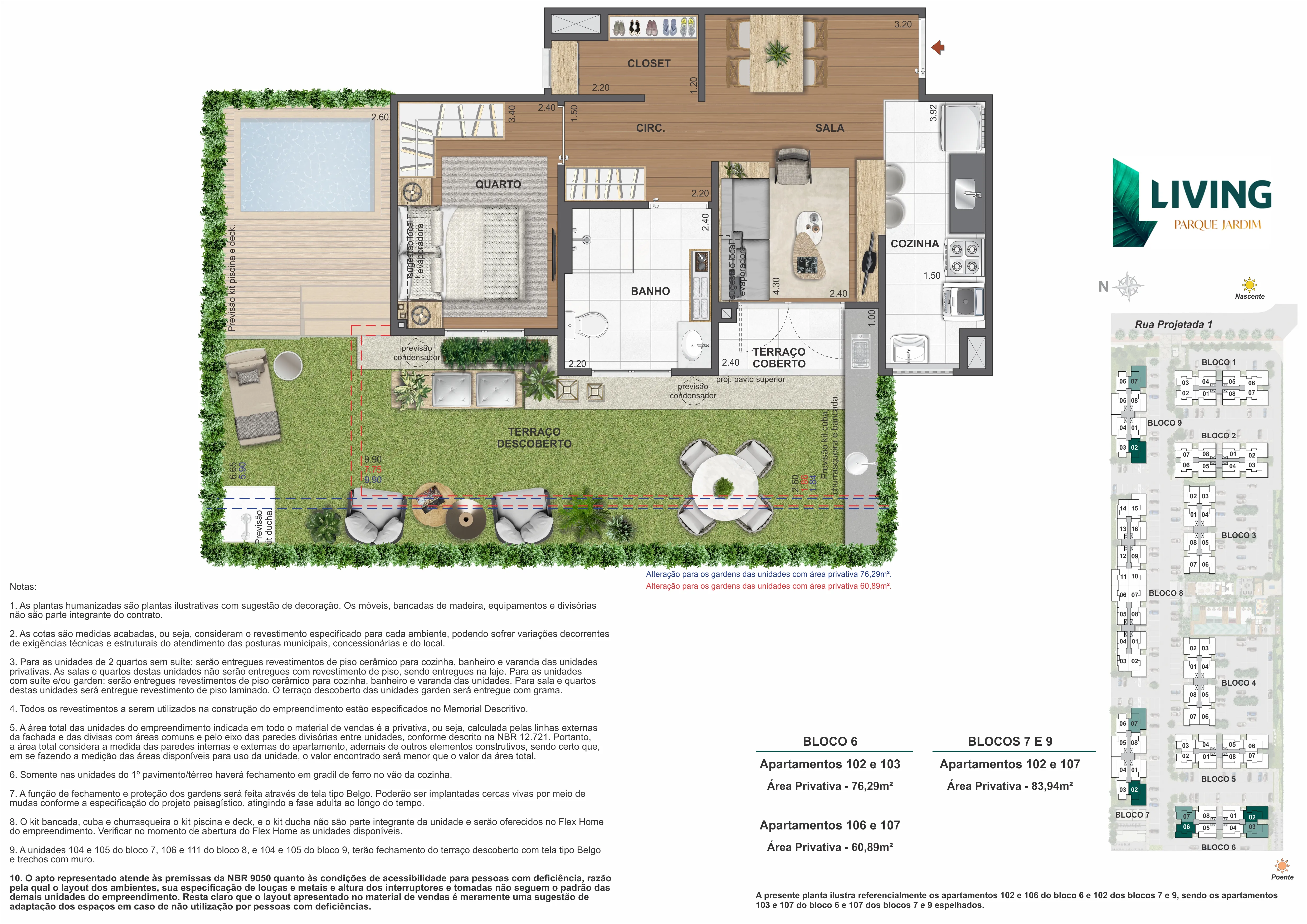 1 Quarto - Opção Garden PNE - Área privativa: 60,89m² até 83,94m²