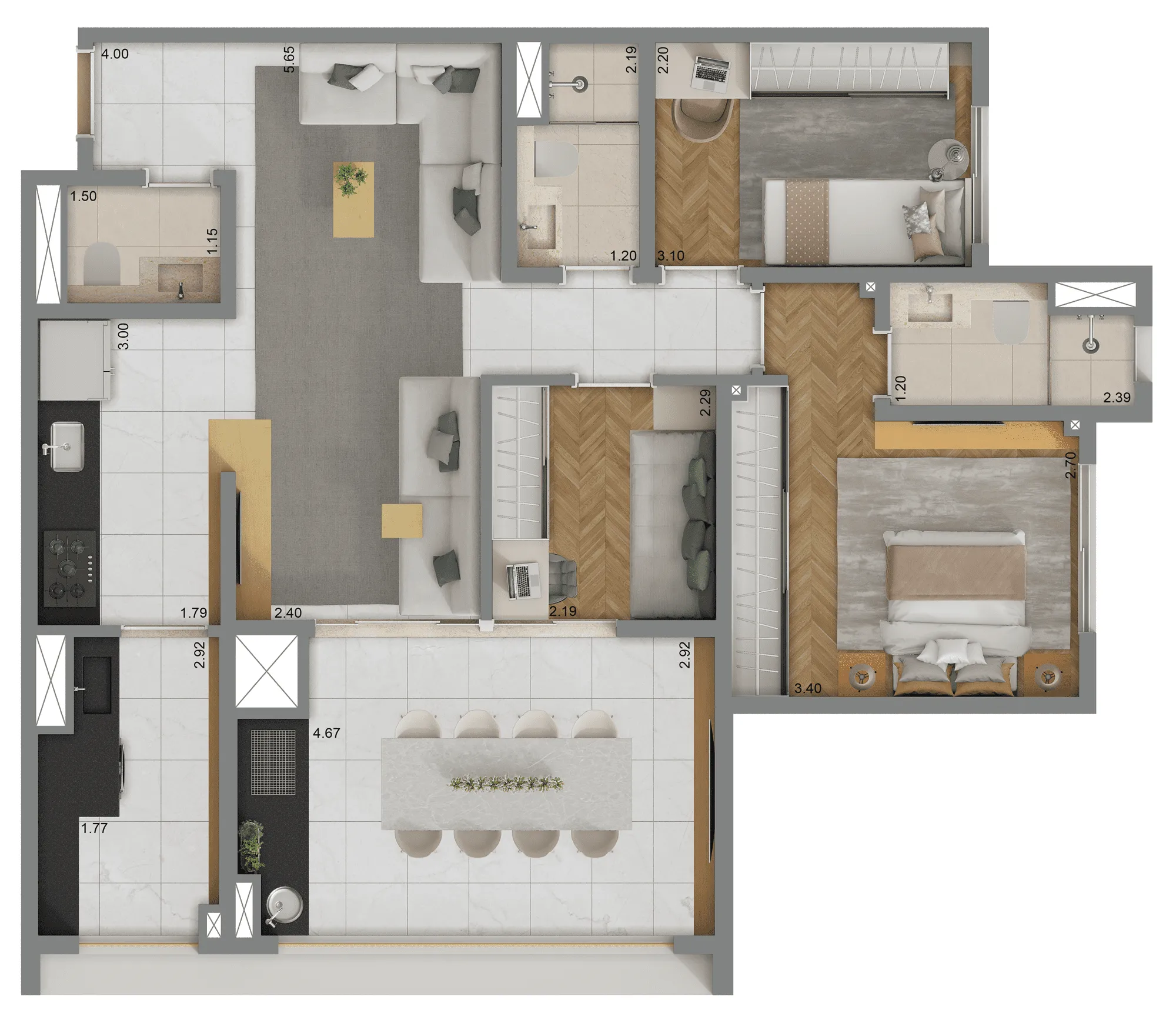 Planta Tipo 82 m² | 3 dorms. | 1 suíte 