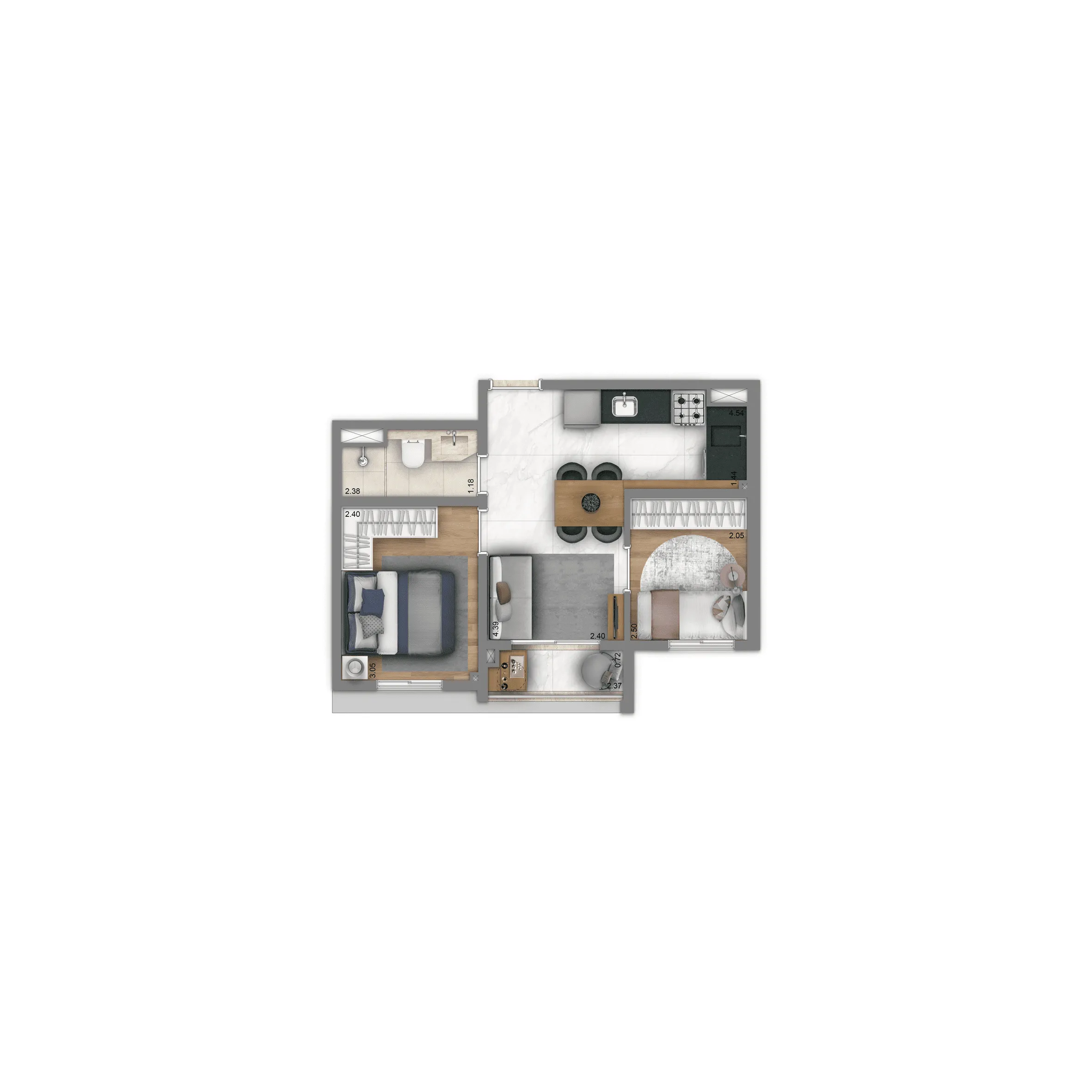 Planta Tipo 36m² | 2 dorms.