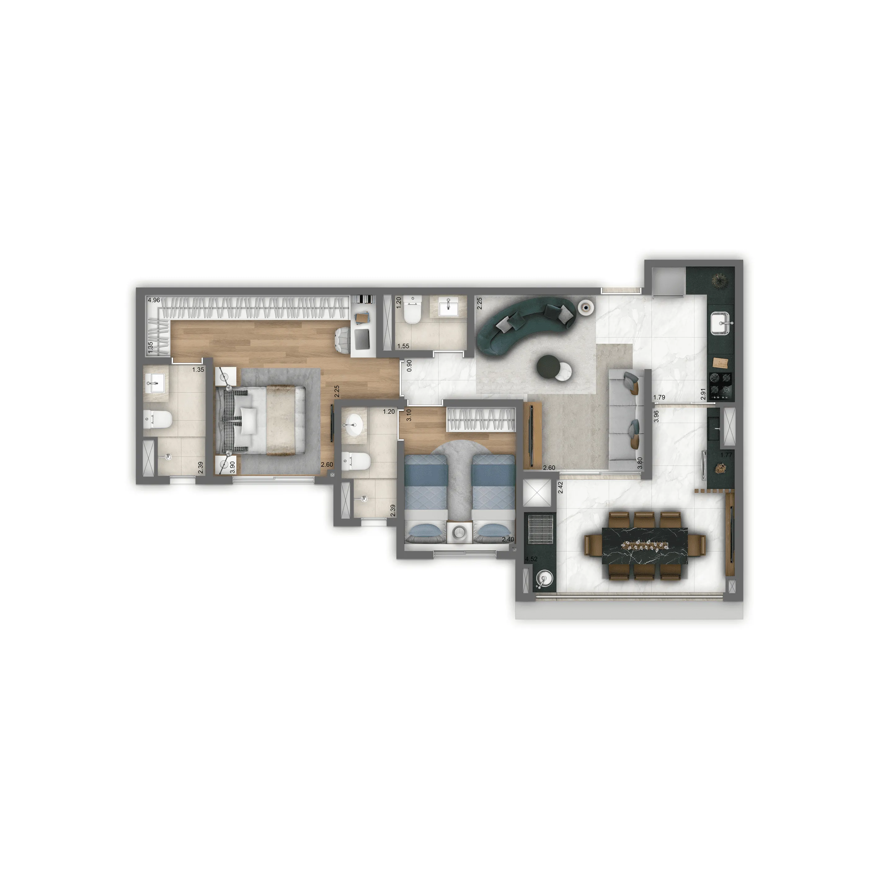 Planta Tipo 71 m² | 2 suítes